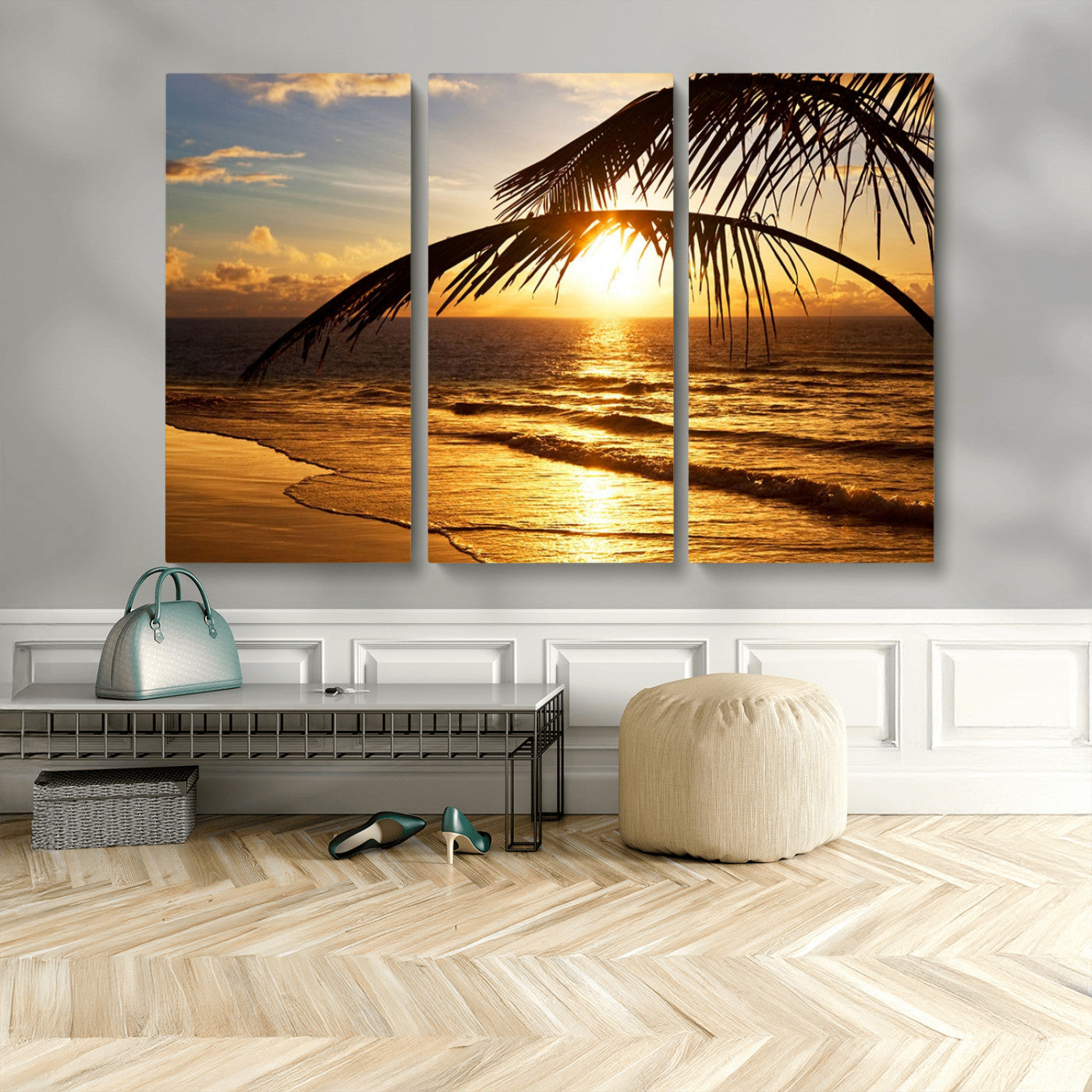 41507-MGV-CV-48X32-3P-Golden Tropical Beach Sunset Canvas Triptych, Coastal Palm Tree Wall Art, Ocean Shoreline Giclee