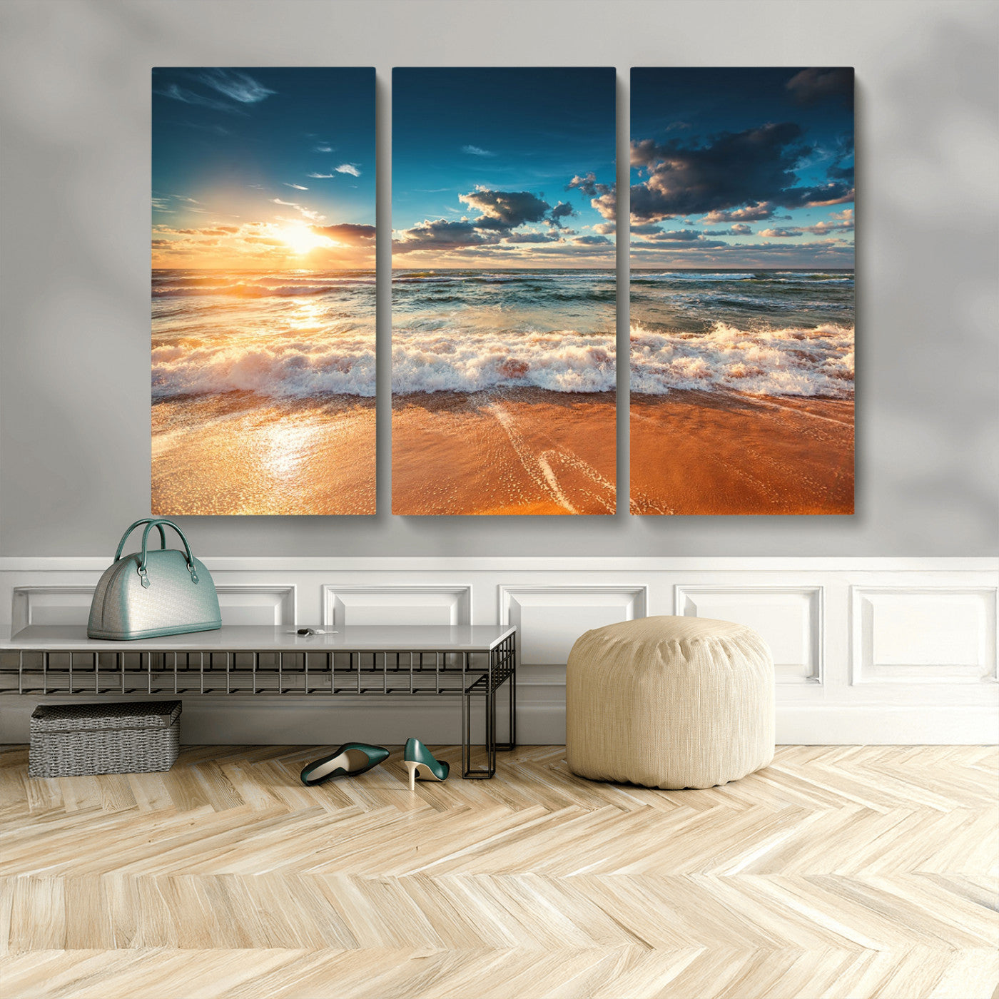 35648-MGV-CV-48X32-3P-Golden Sunset Beach Triptych Canvas Art, Giclee Coastal Wall Decor, Ocean Waves Print, Modern Beach