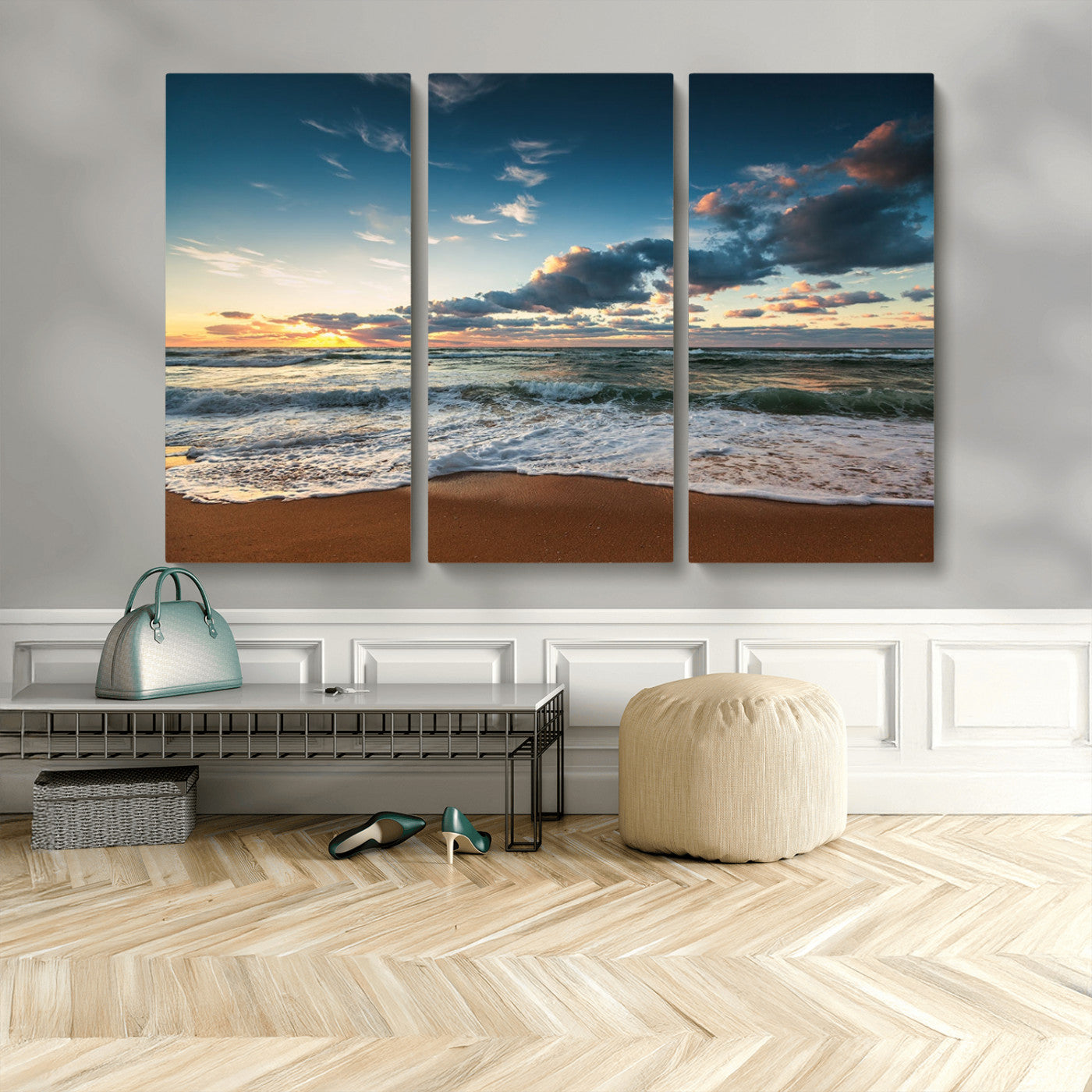 58103-MGV-CV-48X32-3P-Ocean Beach Wall Art Canvas Print Sunset Artwork Print Coastal Wall Art