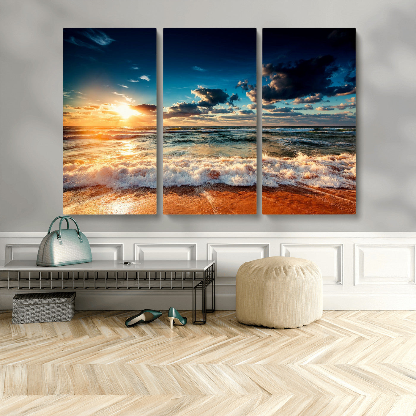 -Golden Hour Sunset Over Ocean Waves Wall Art Canvas Print | 3 Panel Coastal Landscape Canvas Wall