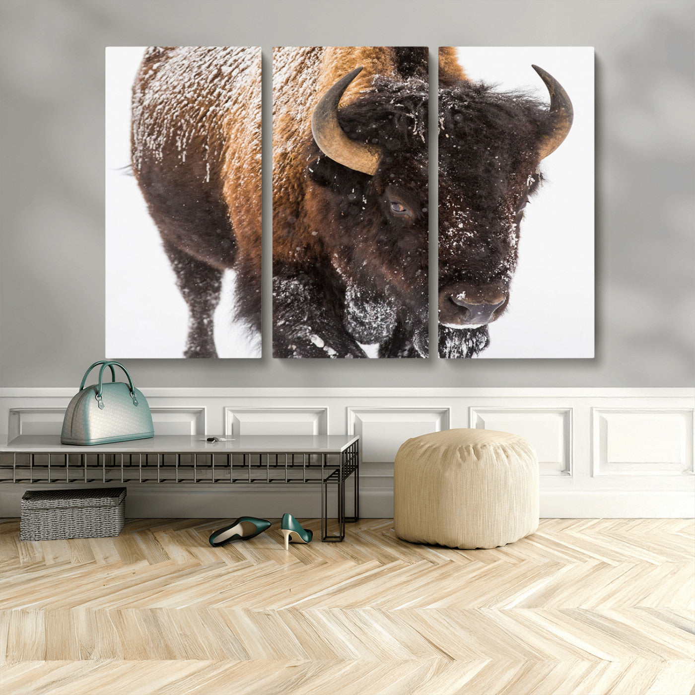 65605-MGV-CV-48X32-3P-Bison Wall Art Canvas Print For Farmhouse, Wild Animal Wall Art, Framed Wild Bison Wall Art