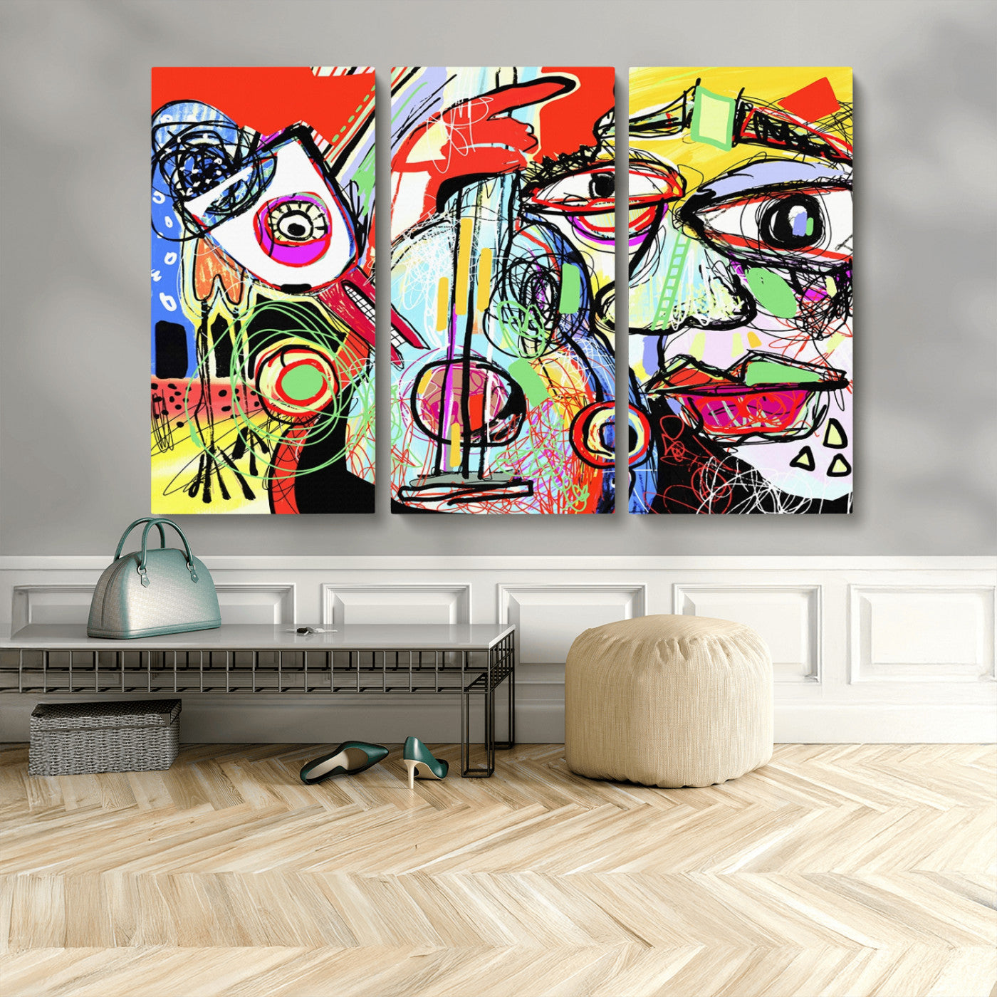 37796-MGV-CV-48X32-3P-Picasso Style Art Abstract Canvas Wall Art Print , Colorful Abstract Artwork