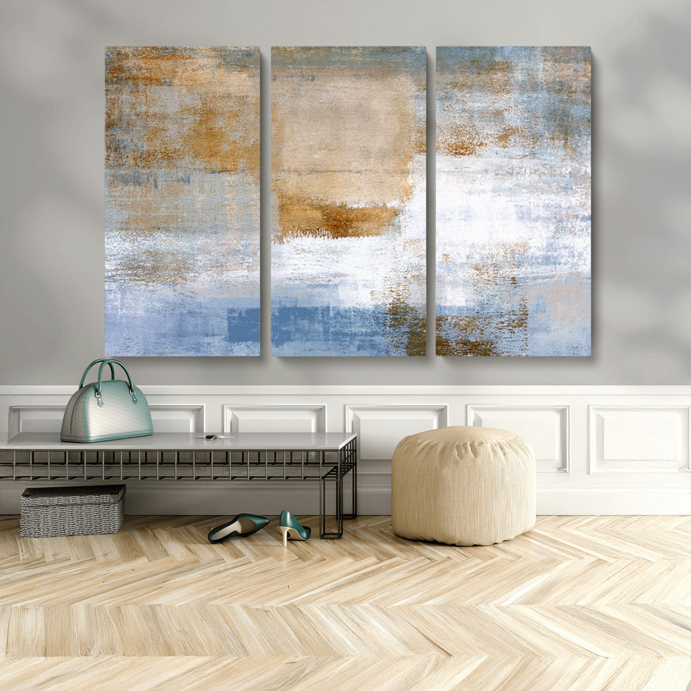 72354-MGV-CV-48X32-3P-Blue Multi Panel Abstract Wall Art Canvas, Abstract Blue and Gold Canvas Print