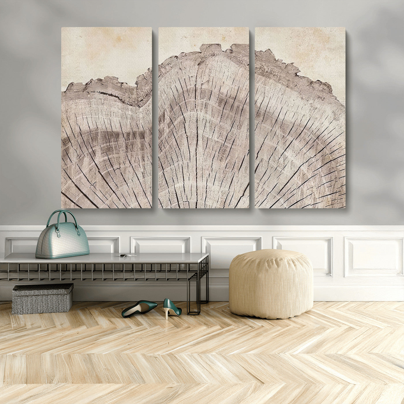 67528-MGV-CV-48X32-3P-Tree Ring Wall Art Triptych, Rustic Wood Ring Canvas Print, Minimalist Wall Decor for Modern Homes