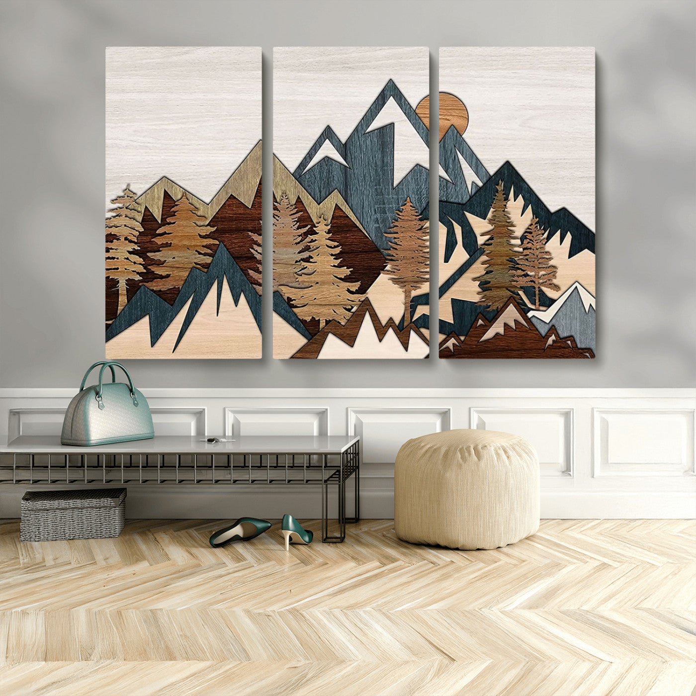 67950-MGV-CV-48X32-3P-Rustic Abstract Wood Panel Effect Canvas Mountain Range Top Wood Wall Art Canvas Print