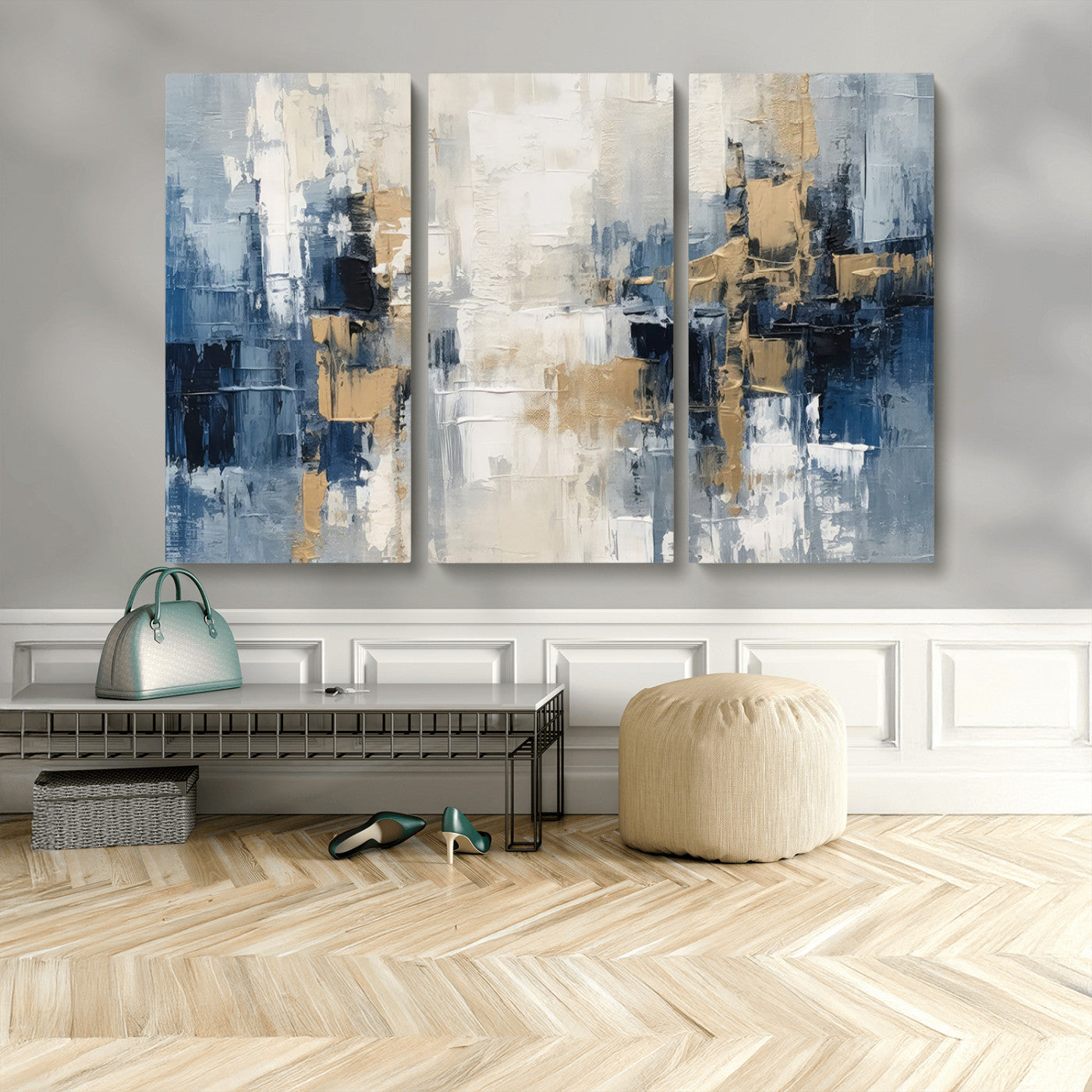44344-MGV-CV-48X32-3P-Modern Abstract Canvas Wall Art in Blue and Gold Tones | Large Contemporary Art for Living Room,