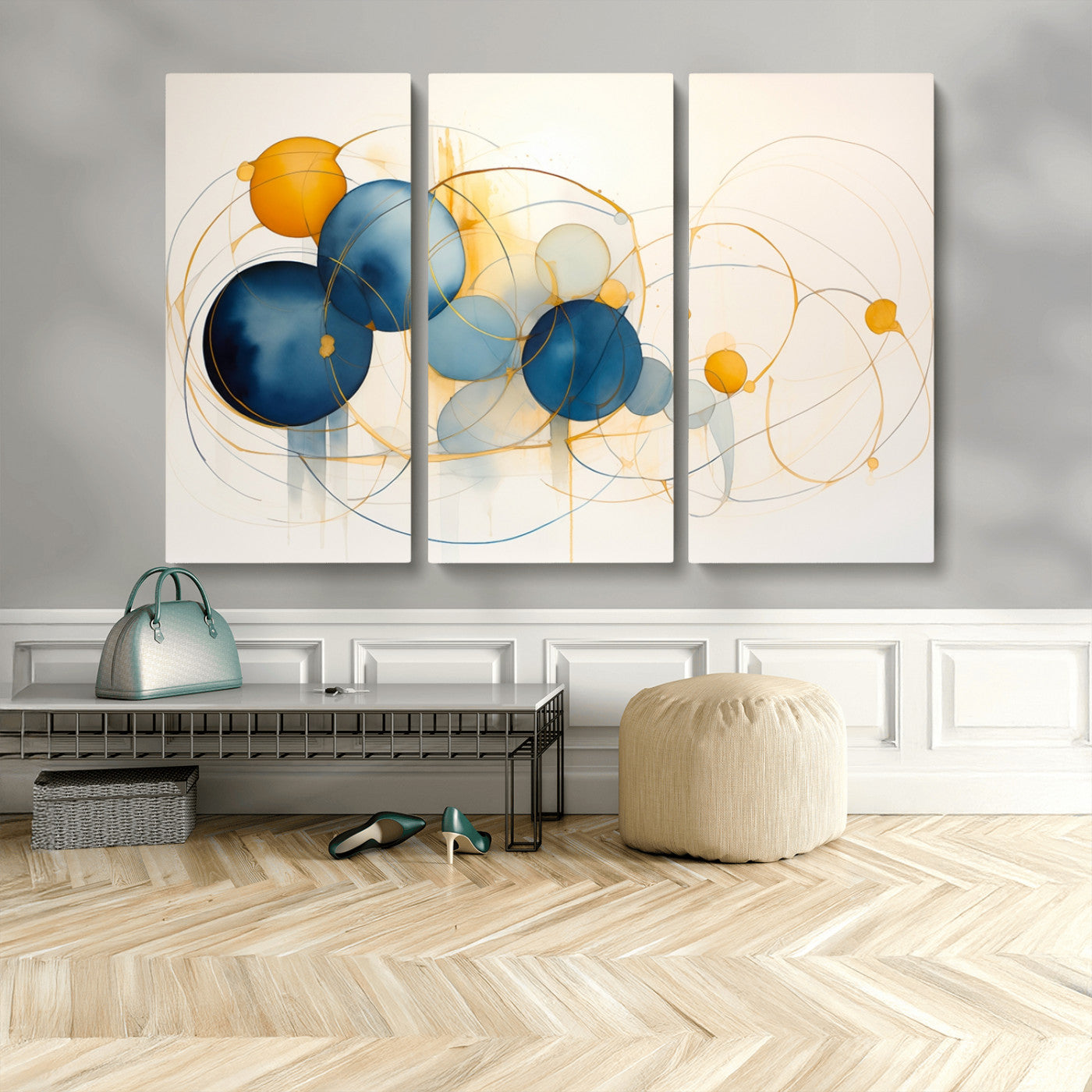 36188-MGV-CV-48X32-3P-Geometric Blue Orange Abstract Wall Art Canvas, Geometric Blue Orange Canvas Print