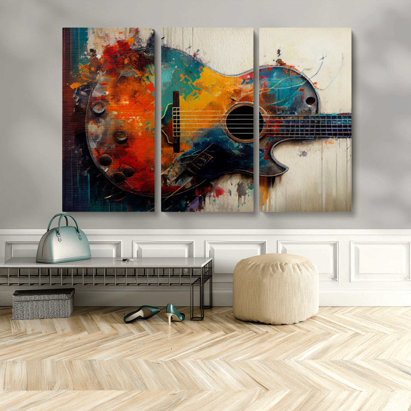 89330-MGV-CV-48X32-3P-Abstract Guitar Wall Art Canvas | Vibrant Music-Inspired Art for Living Room or Studio | Colorful