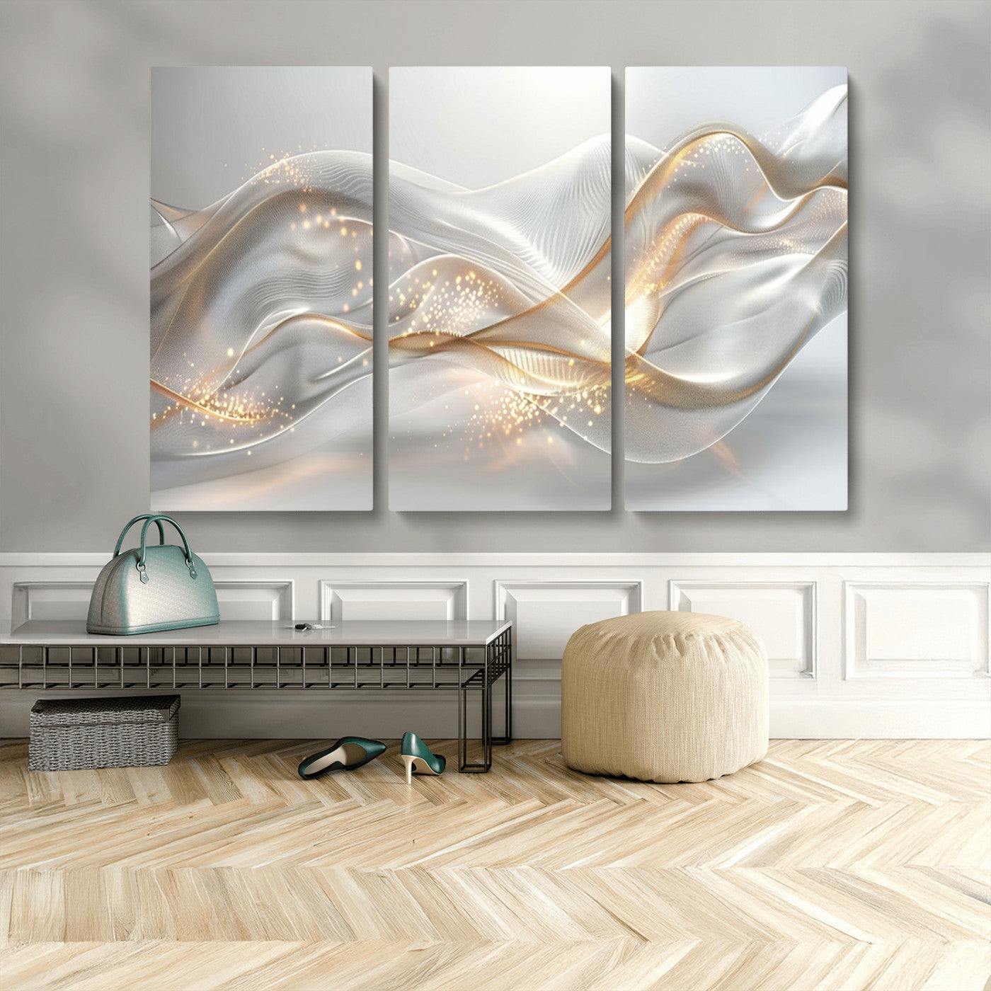 Lines2-MGV-CV-48X32-3P-Abstract art Grey and Gold Lines Wall Art