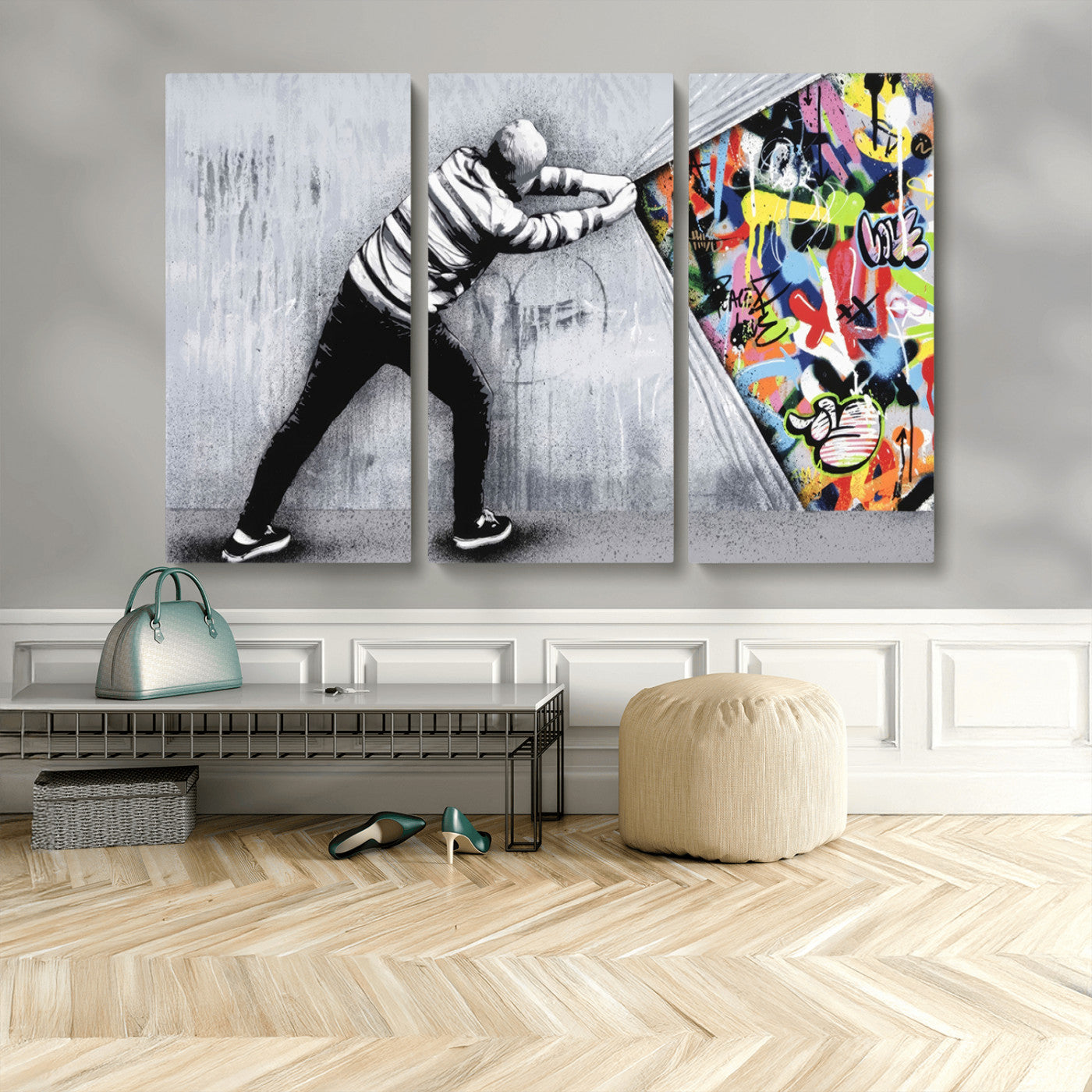 52252-MGV-CV-36X24-Banksy Art Behind the Curtain Street Wall Art Canvas Print | 3-Panel Urban Graffiti-Inspired Wall