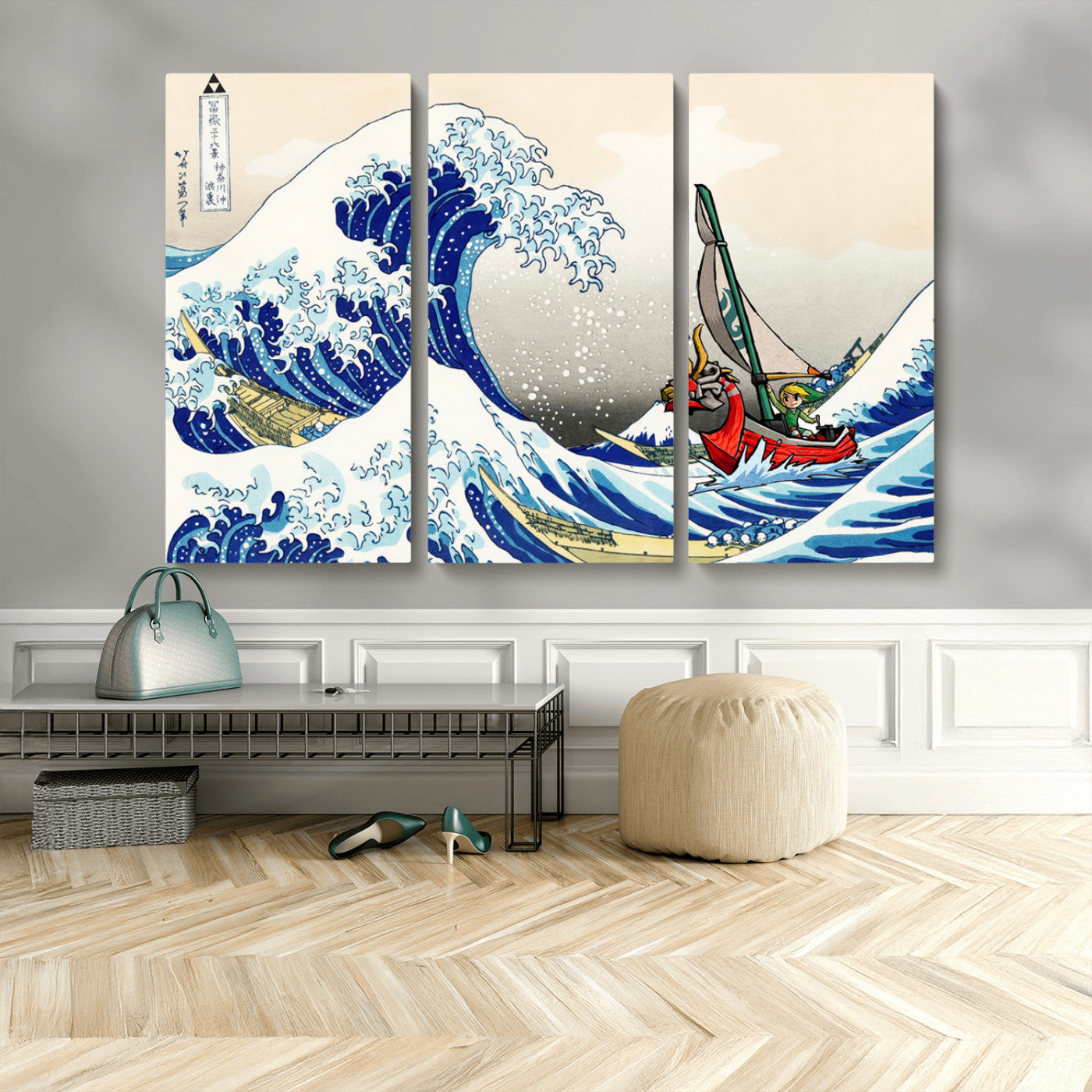 19450-MGV-CV-48X32-3P-Katsushika Hokusai Kanagawa Giant Wave Wall Art Canvas Print | Iconic Japanese Art for Living Room