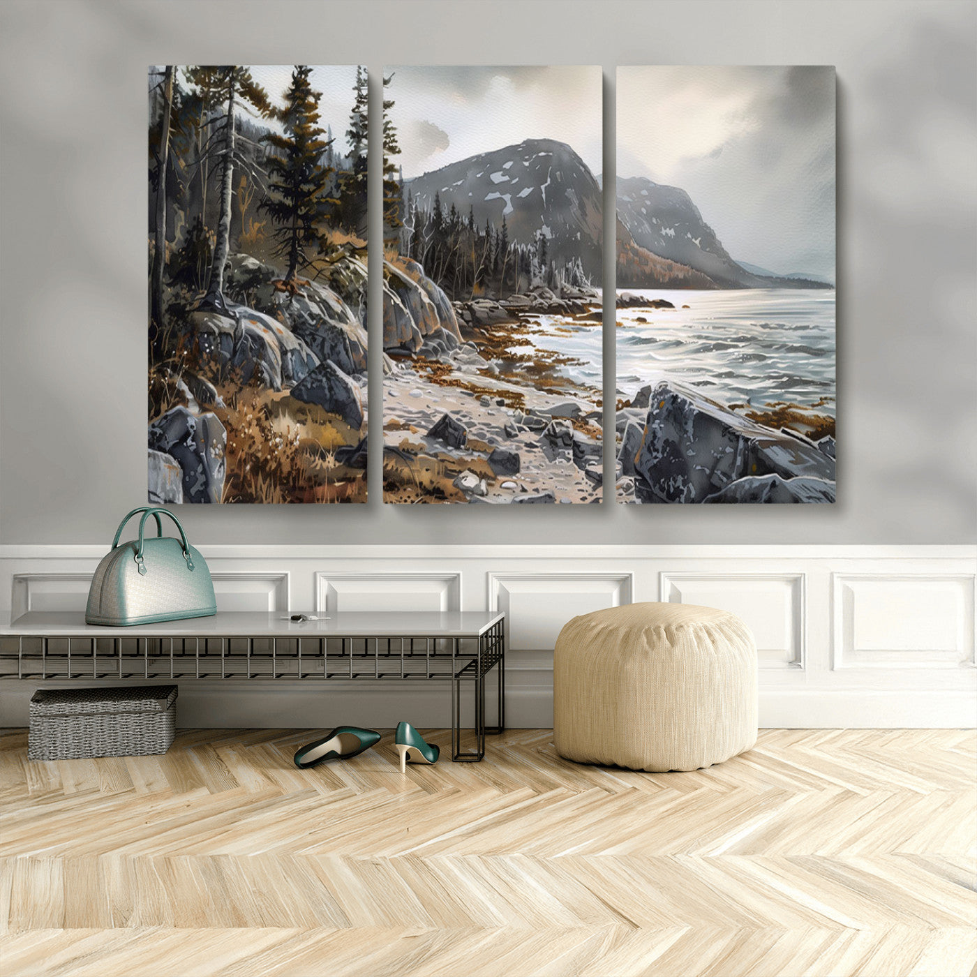 41281-MGV-CV-48X32-3P-Serene Coastal View of Acadia National Park - Stunning 3-Panel Wall Art Canvas Print, Framed, Ready