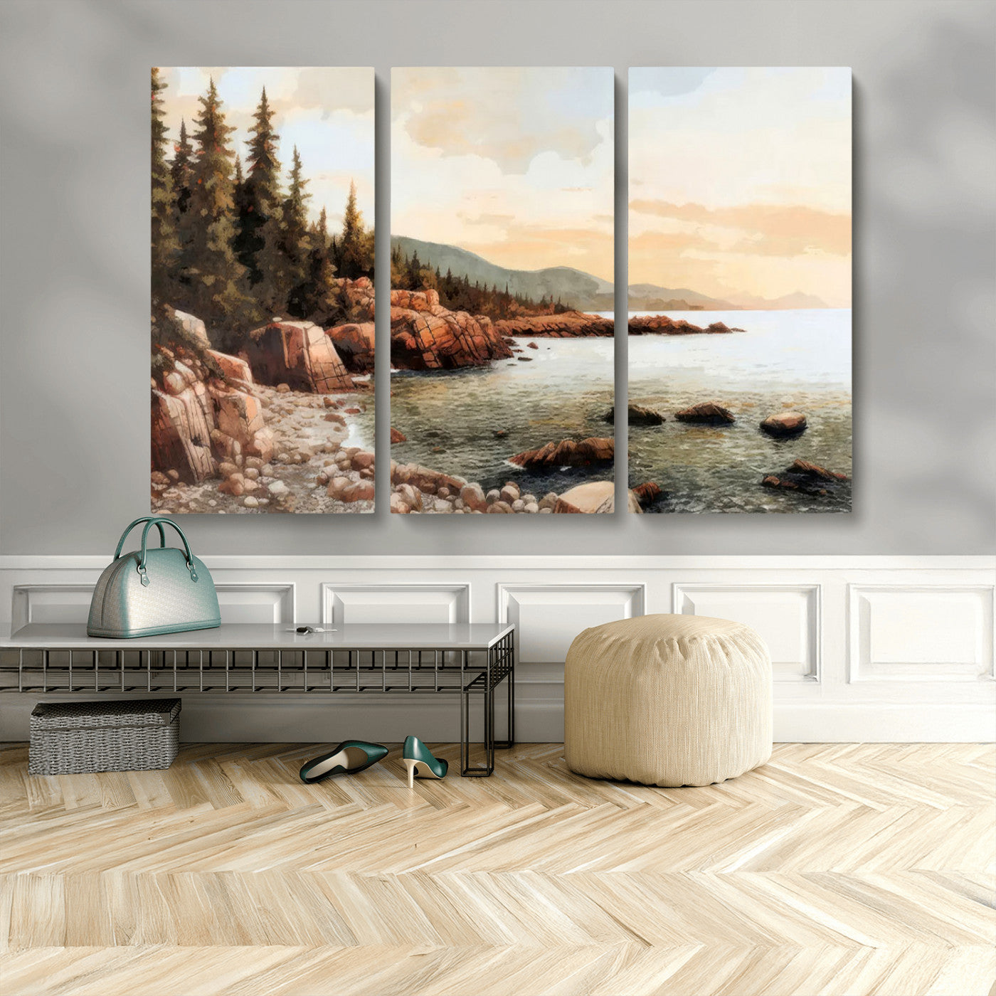 77145-MGV-CV-48X32-3P-Serene Coastal View of Acadia National Park Wall Art - Stunning 3-Panel Wall Art Canvas Print,