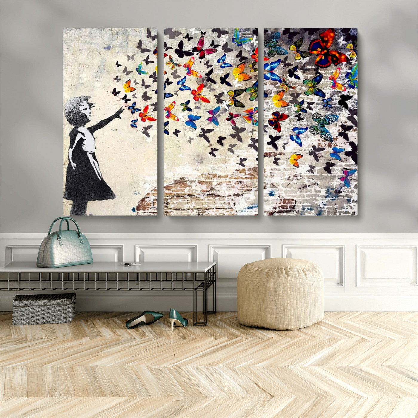 -Banksy Graffiti Wall Art Canvas Print: Girl Releasing Vibrant Butterflies – Ready to Hang