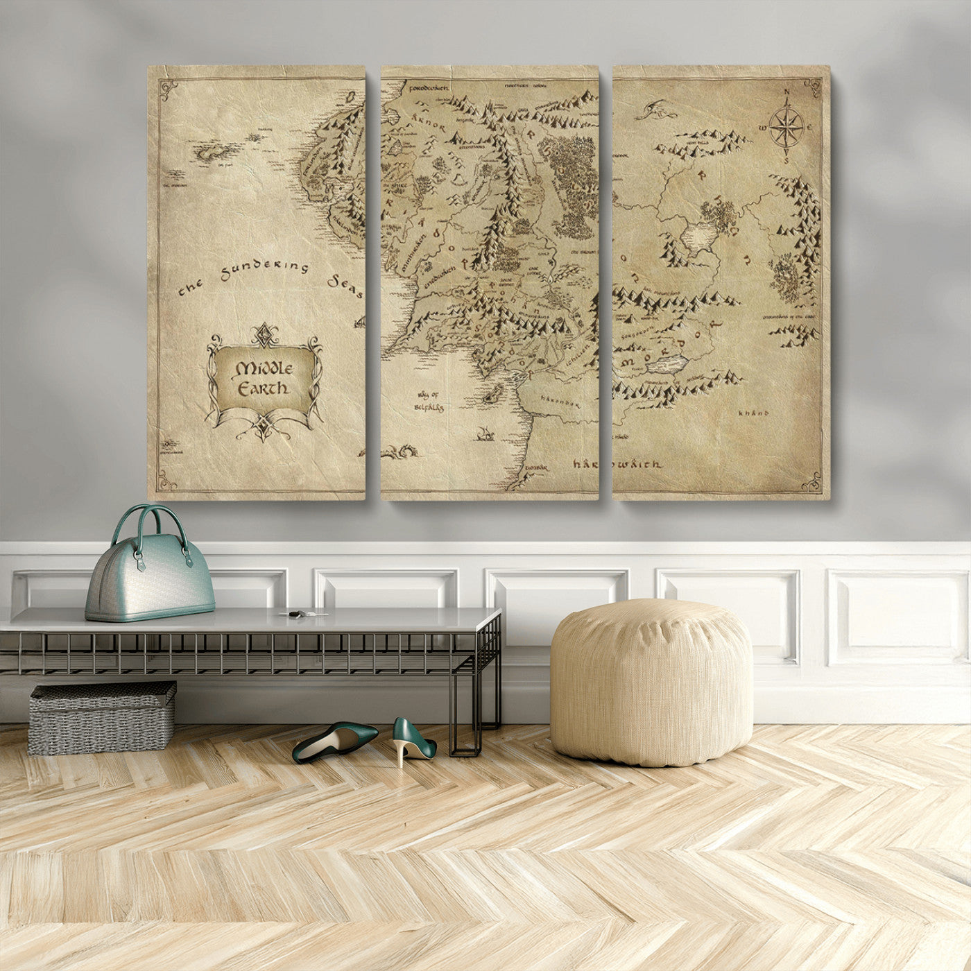 21784-MGV-CV-48X32-3P-Vintage Middle Earth Map Wall Art Canvas – Lord of the Rings Inspired Framed Map Print, Classic Fantasy Decor for Home, Office