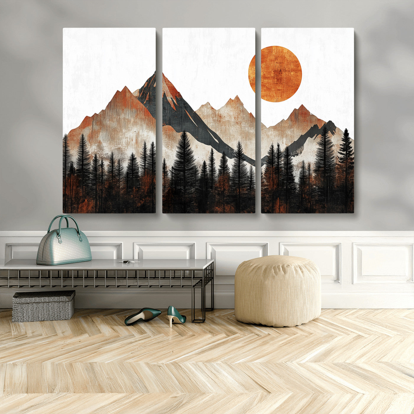 71366-MGV-CV-48X32-3P-Modern Abstract Mountain Canvas Wall Art Print, Abstract Landscape Print, Rustic Sun and Mountains