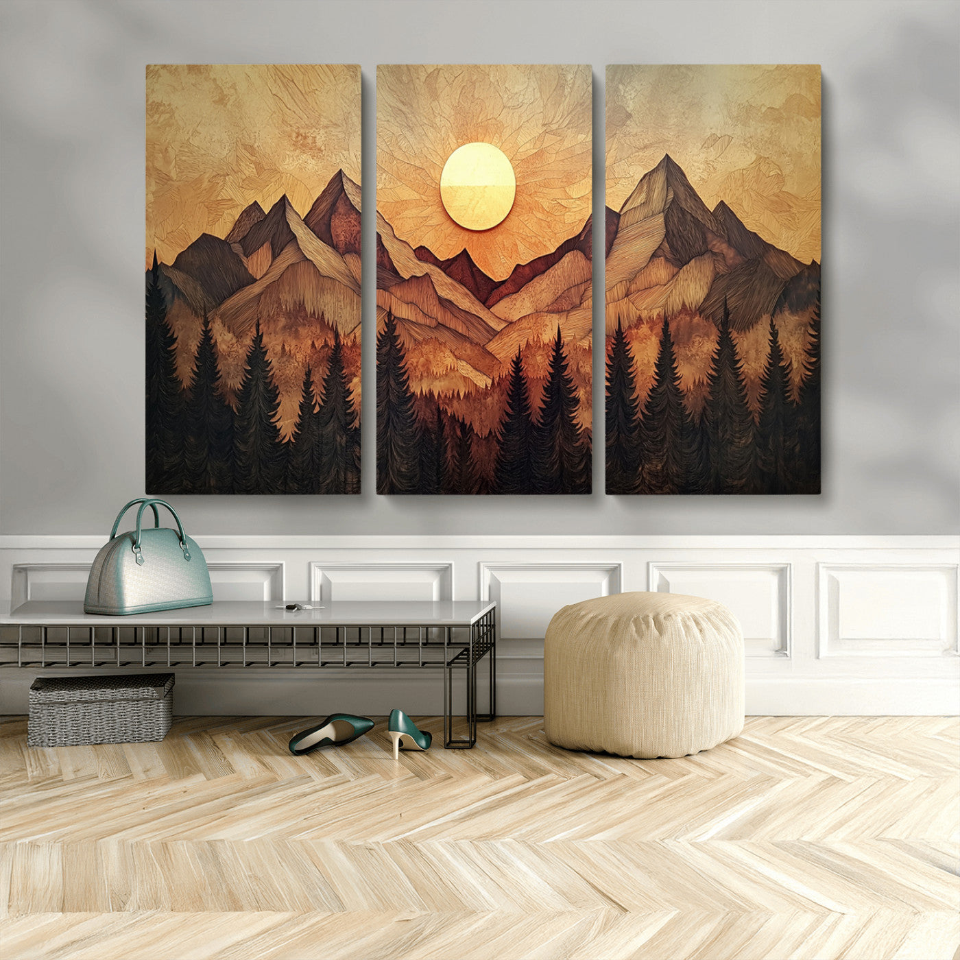 71340-MGV-CV-48X32-3P-Wood Style Abstract Mountain Sunset Canvas Wall Art Print - Warm Earth Nature-Inspired Decor for