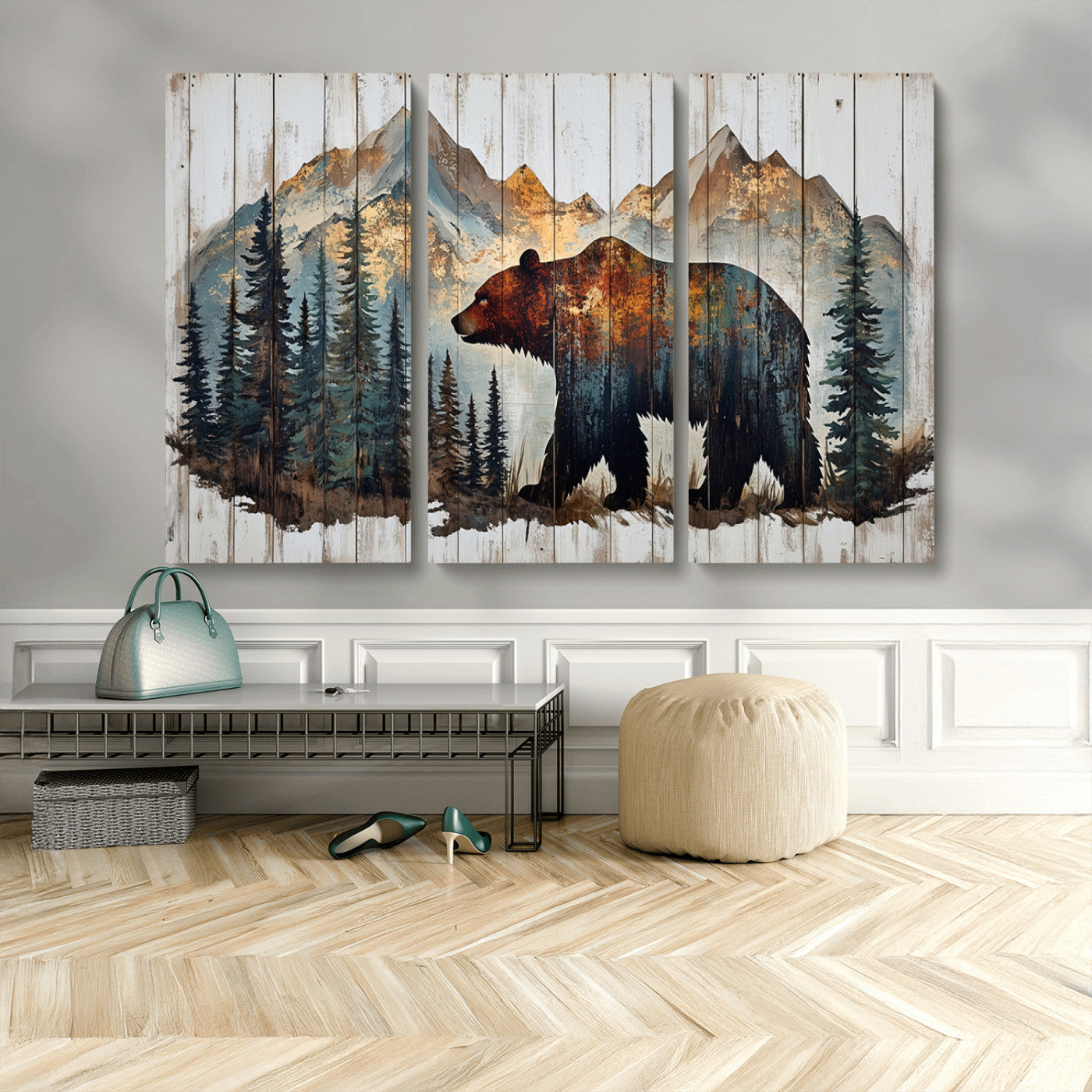 55777-MGV-CV-48X32-3P-Rustic Grizzly 399 Bear and Mountain Wood Canvas Wall Art - Framed Nature Artwork with Forest