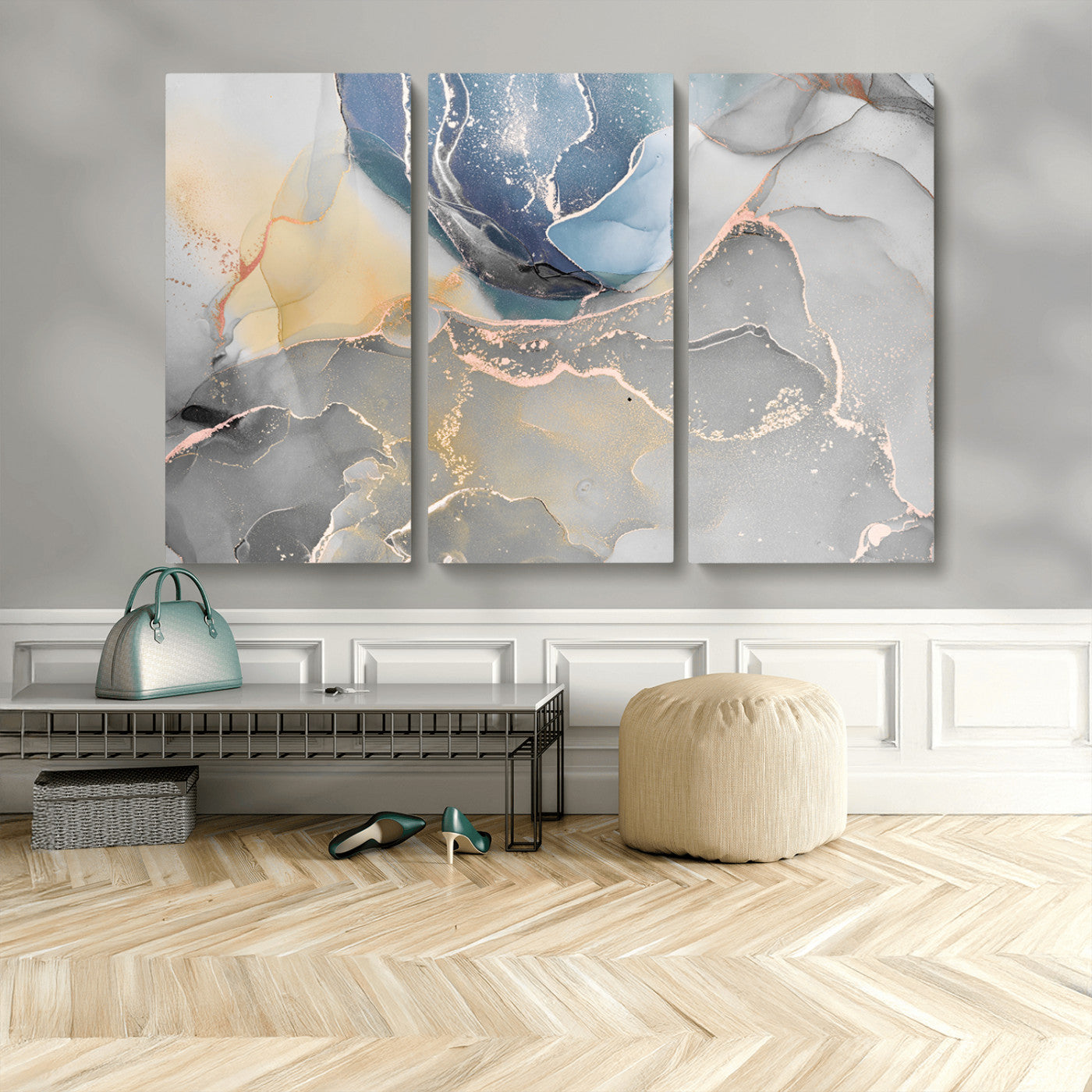 18176-MGV-CV-48X32-3P-Large Abstract Blue and Gold Canvas Wall Art | Fluid Ink Artwork Print | Luxury Wall Decor for