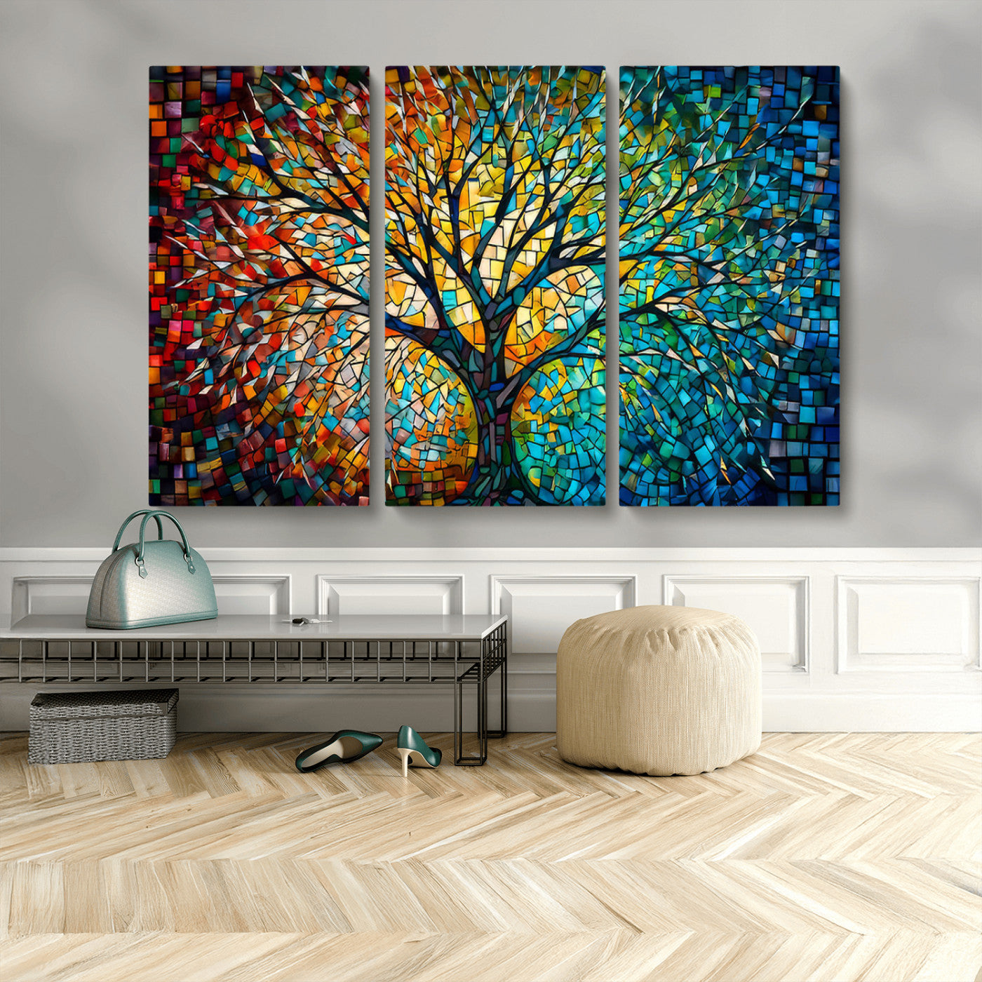 99325-MGV-CV-48X32-3P-Yggdrasil Tree of Life Wall Art Print Canvas | Mosaic Style 3-Panel Canvas Print