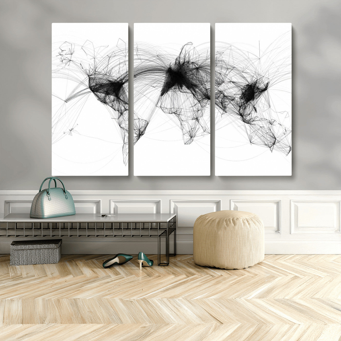 50136-MGV-CV-48X32-3P-Abstract World Map Wall Art – Framed Geometric Line Canvas Artwork, Modern Global Design, Contemporary Decor for Home, Office