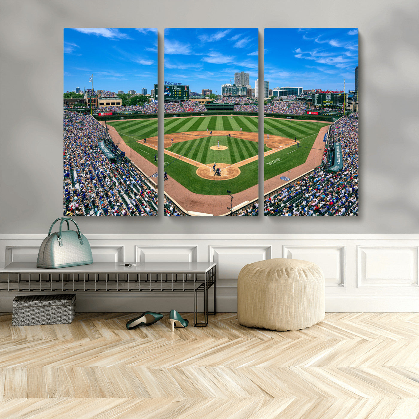 26064-MGV-CV-48X32-3P-Wrigley Field Chicago Cubs Wall Art Canvas Print Framed Panoramic Multi-Piece Iconic Baseball Stadium Artwork for Home, Office
