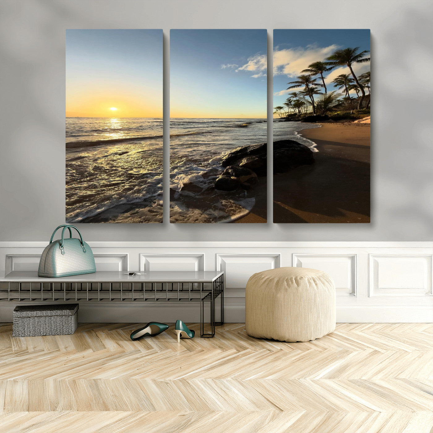 Nadir2-MGV-CV-48X32-3P-Tropical Beach Wall Art - Stunning Ocean Sunset Canvas Print with Palm Tree Design for Relaxing and