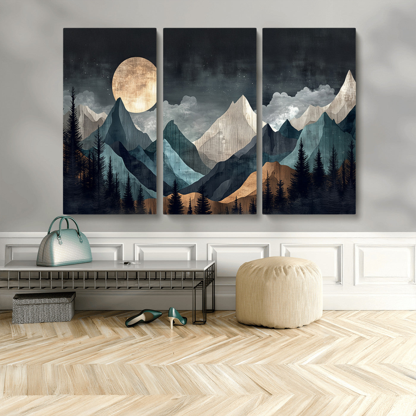 11060882-MGV-CV-48X32-3P-Moonlit Mountain Wall Art Canvas Print – Silhouetted Pines Layered Peaks Tranquil Sky Mist Silver Light Nature Artwork for Home