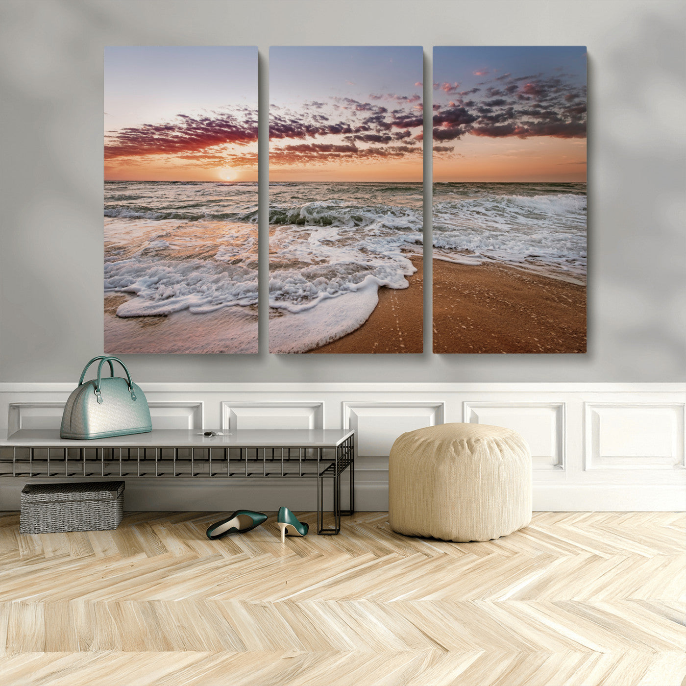 39846389-MGV-CV-48X32-3P-Ocean Sunset Wall Art Canvas Print – Framed Sandy Shore Gentle Waves Coastal Landscape Minimalist Artwork for Home, Office