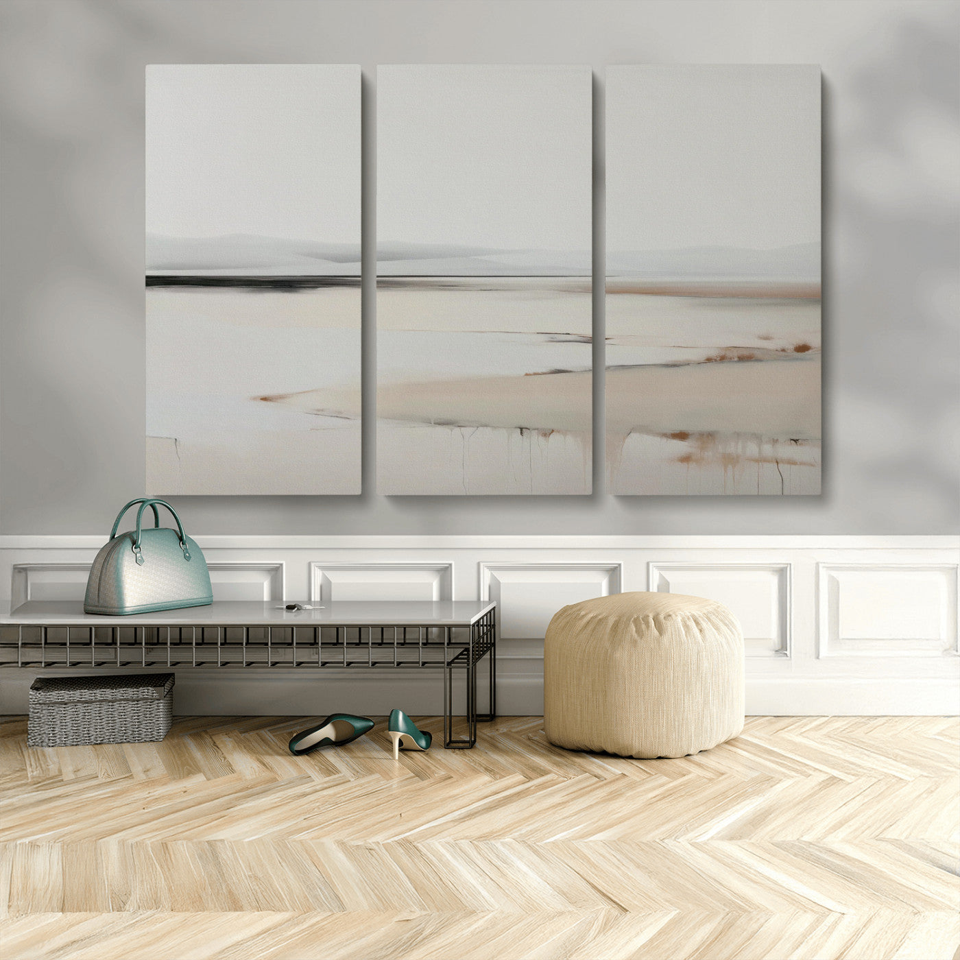 89410095-MGV-CV-48X32-3P-Minimalist Landscape Wall Art Canvas Print – Framed Soft Horizon Abstract Seascape Earthy Tones Artwork for Home Office