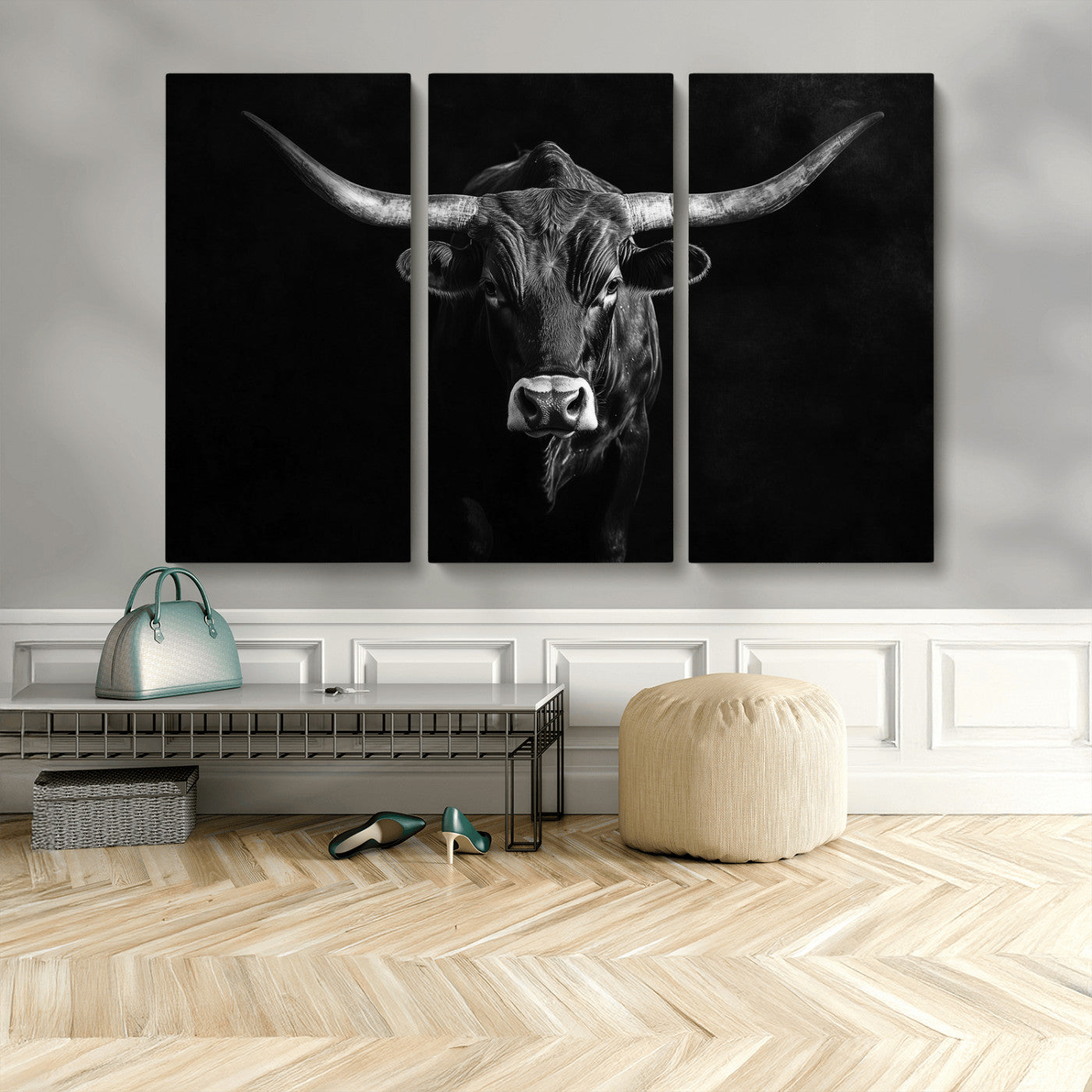 -Texas Longhorn Wall Art Canvas Print, Framed Monochrome Bull Art Picture Print, Horned Bull Perfect Rustic Western Decor Artwork