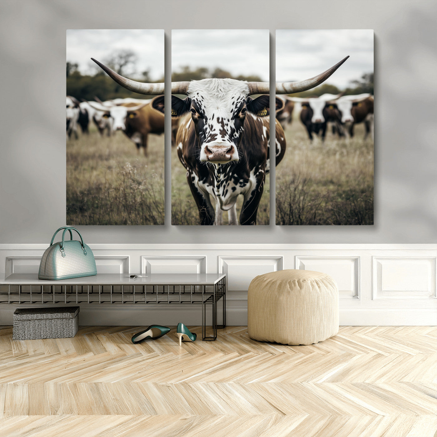 MGV-CV-48X32-3P - Majestic Longhorn Cow Wall Art – Canvas Print of Intricate Fur & Sharp Horns Earthy Tones Serene Landscape, Rustic Charm Decor for Living Room, Office or Bedroom