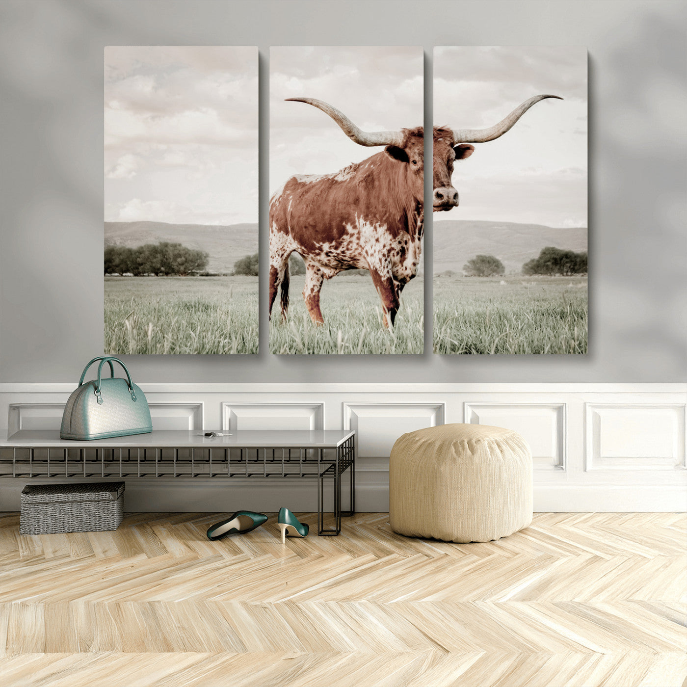 MGV-CV-48X32-3P - Texas Longhorn Wall Art Canvas Print, Framed Spotted Cattle Art Picture Print, Horned Bull Perfect Rustic Western Decor Artwork