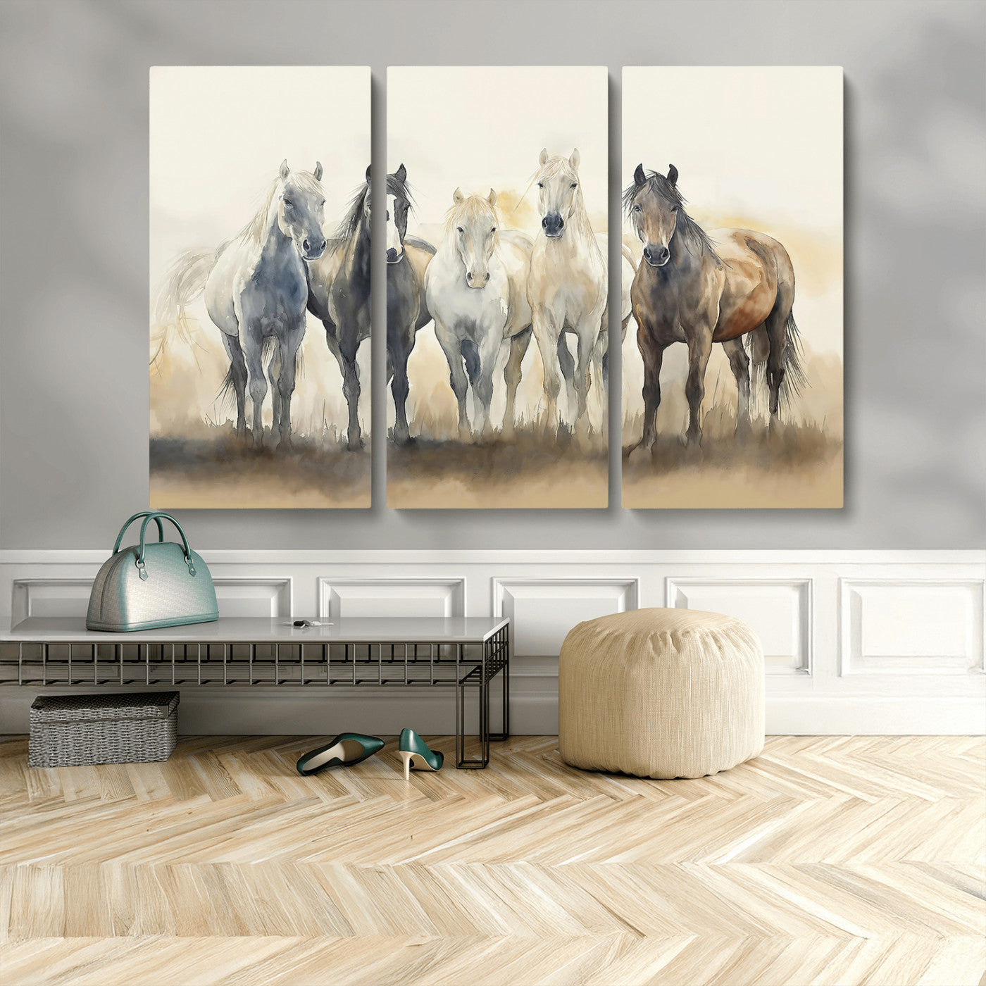 MGV-CV-48X32-3P - Wild Horses Wall Art Canvas Print, Framed Running Horses Art Picture Print, Watercolor Horses Perfect Rustic Western Decor Artwork