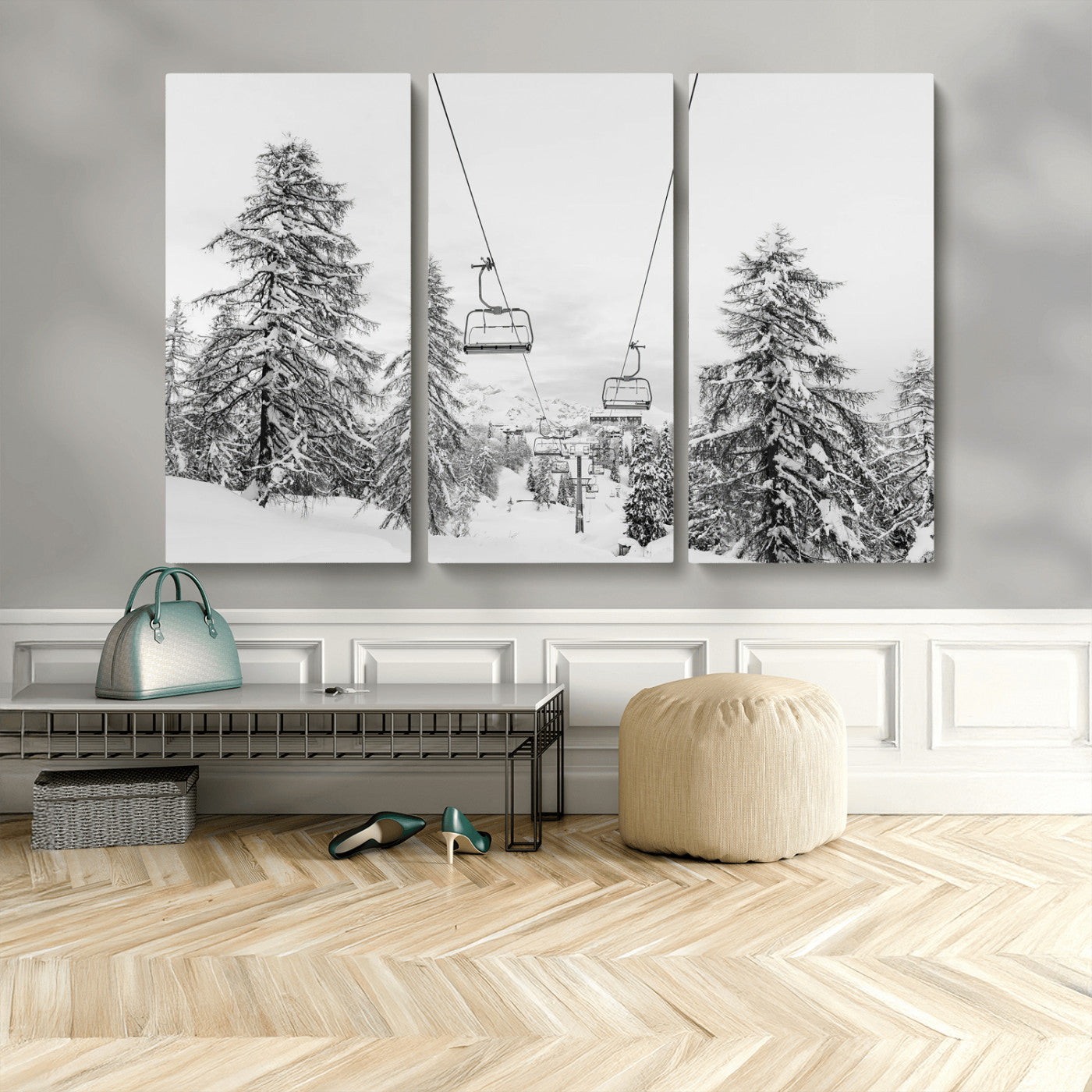 55003599-MGV-CV-36X24-Ski Lift Wall Art – Framed Snowy Mountain Canvas Artwork, Winter Forest Design, Minimal Nature Decor for Home, Office