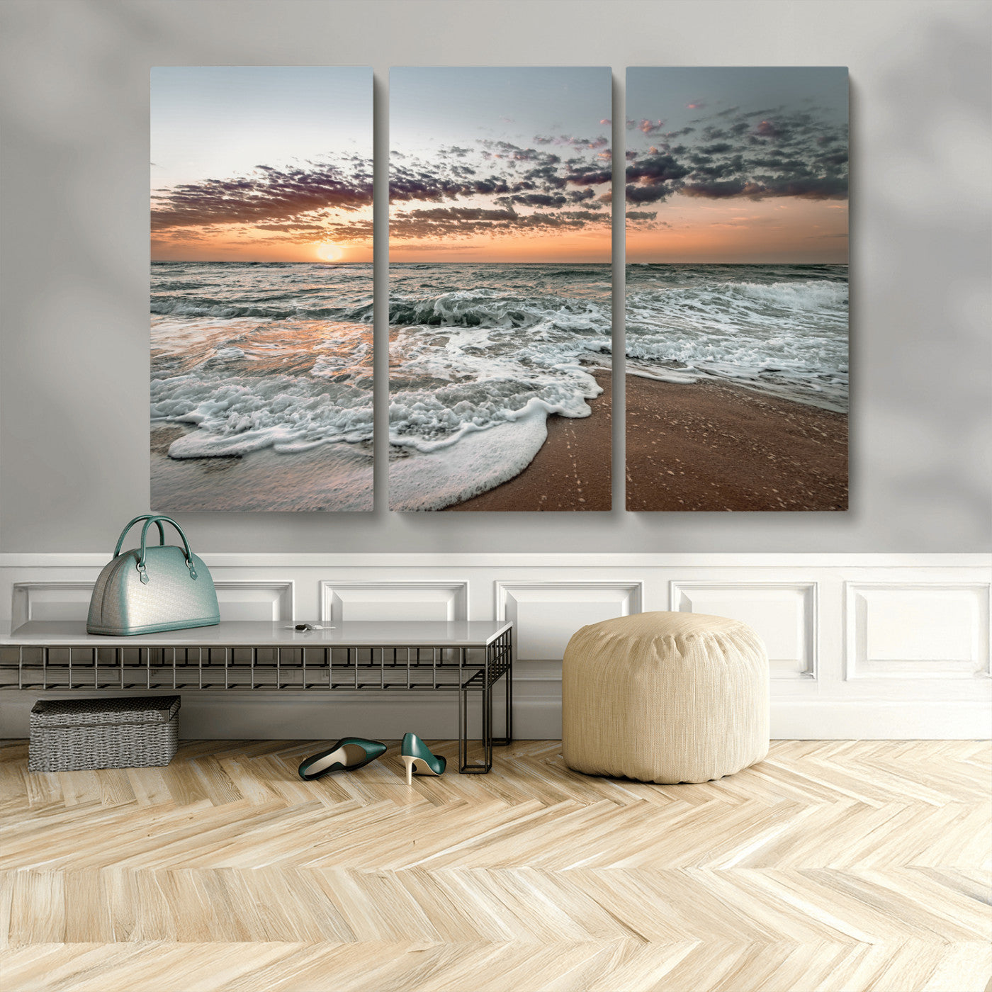 40632752-MGV-CV-48X32-3P-Ocean Sunset Wall Art Canvas Print – Framed Beach Waves Scene with Coastal Artwork for Home, Office, Living Room