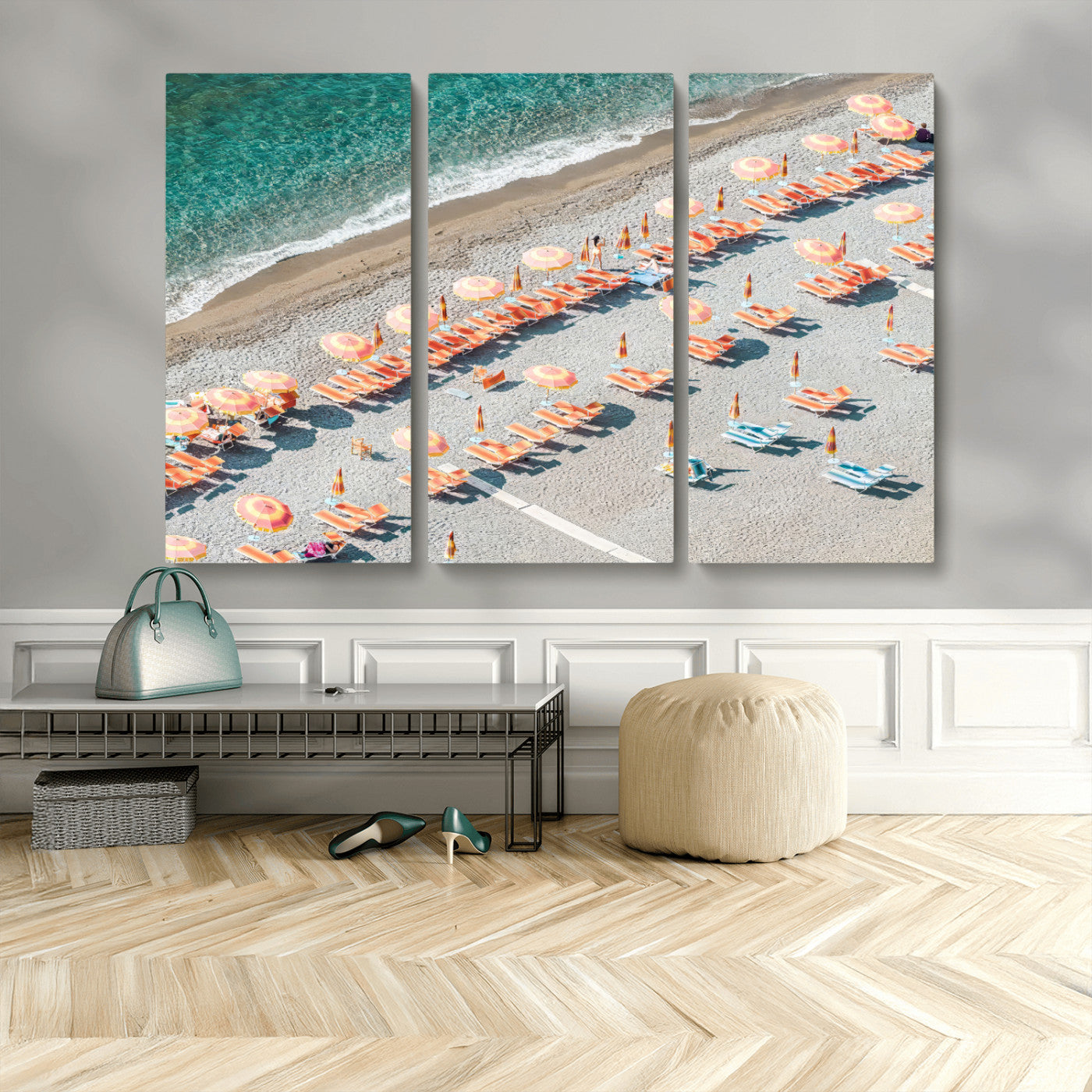 27805351-MGV-CV-36X24 - Beach Umbrellas Wall Art – Orange Loungers & Turquoise Water Canvas Print, Sandy Shore and Summer Vibes