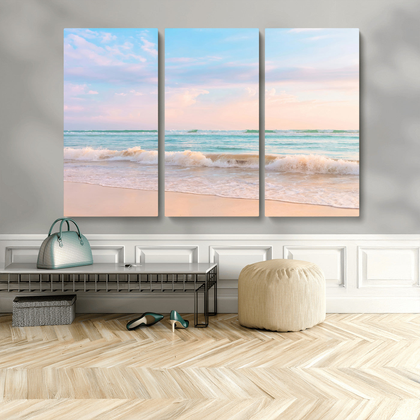 74679437-MGV-CV-36X24 - Serene Waves Wall Art – Golden Shore & Soft Pastel Sky Canvas Print, Gentle Ocean and Peaceful Sunset for Living Room or Office
