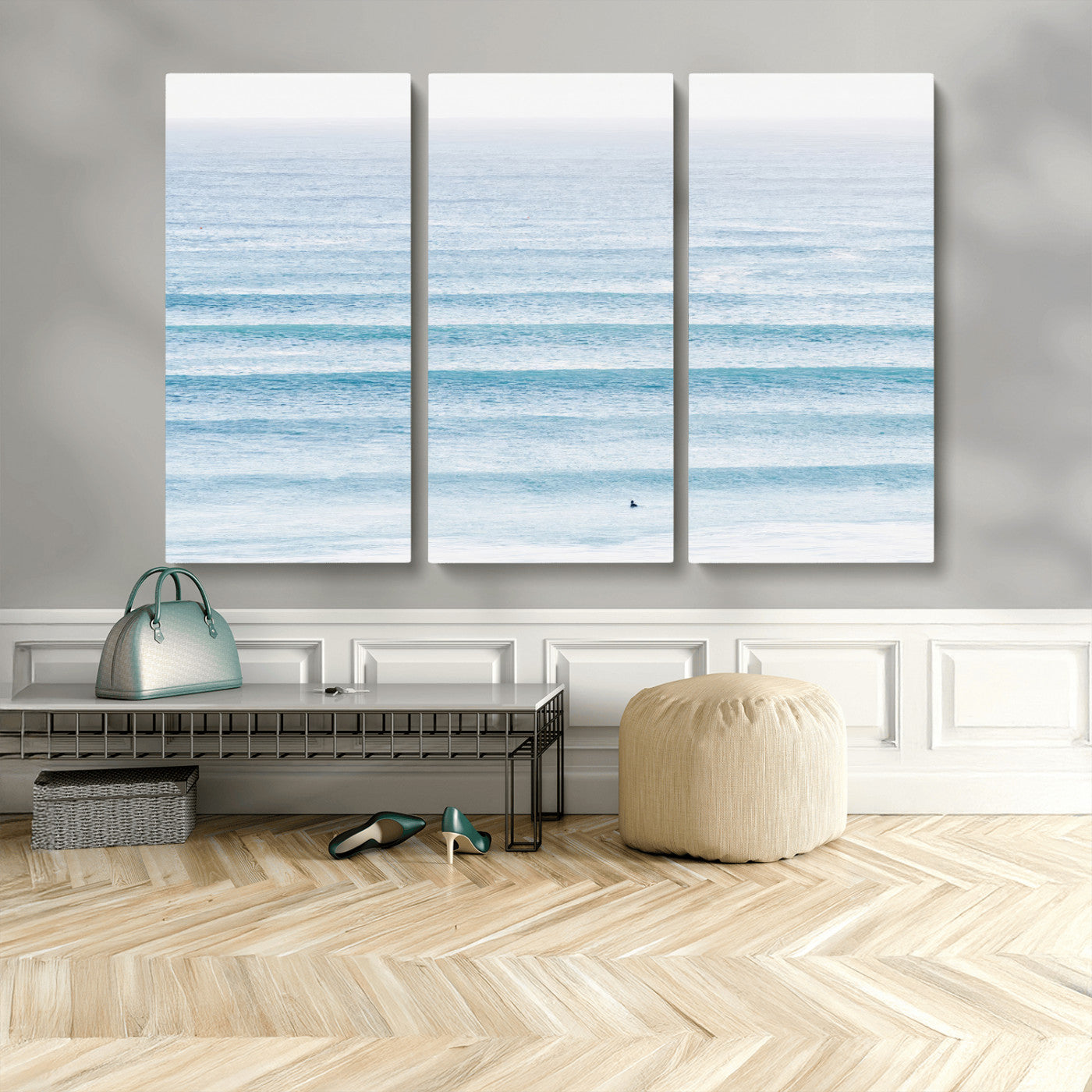77145995-MGV-CV-48X32-3P-Ocean Wave Surfer Wall Art – Framed Minimal Seascape Canvas Artwork, Calm Blue Water Design, Coastal Decor for Home, Office