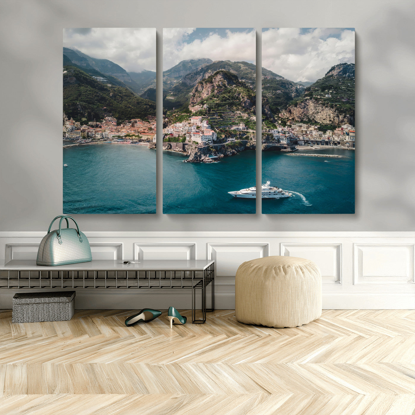 20321590-MGV-CV-48X32-3P-Amalfi Coast Wall Art – Framed Italian Seaside Canvas Artwork, Mediterranean Landscape Design, Coastal Decor for Home, Office