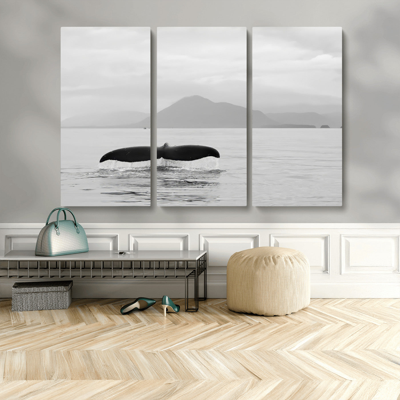 MGV-CV-48X32-3P - Whale Tail Wall Art Canvas Print, Framed Black White Ocean Art Picture Print, Calm Marine Perfect Minimalist Coastal Decor Artwork