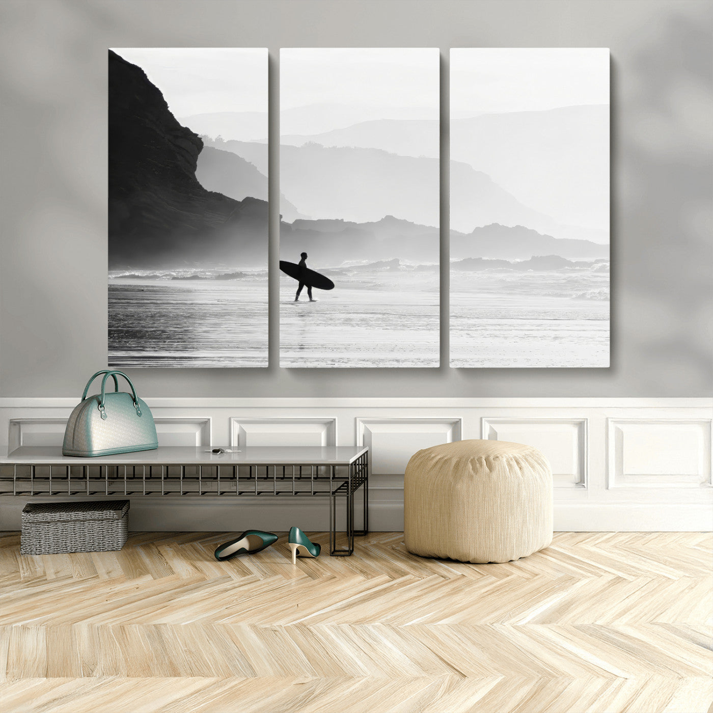 MGV-CV-48X32-3P - Surfer In Fog Wall Art Canvas Print, Framed Moody Shoreline Art Picture Print, Cliffside Waves Perfect Minimalist Coastal Decor Artwork