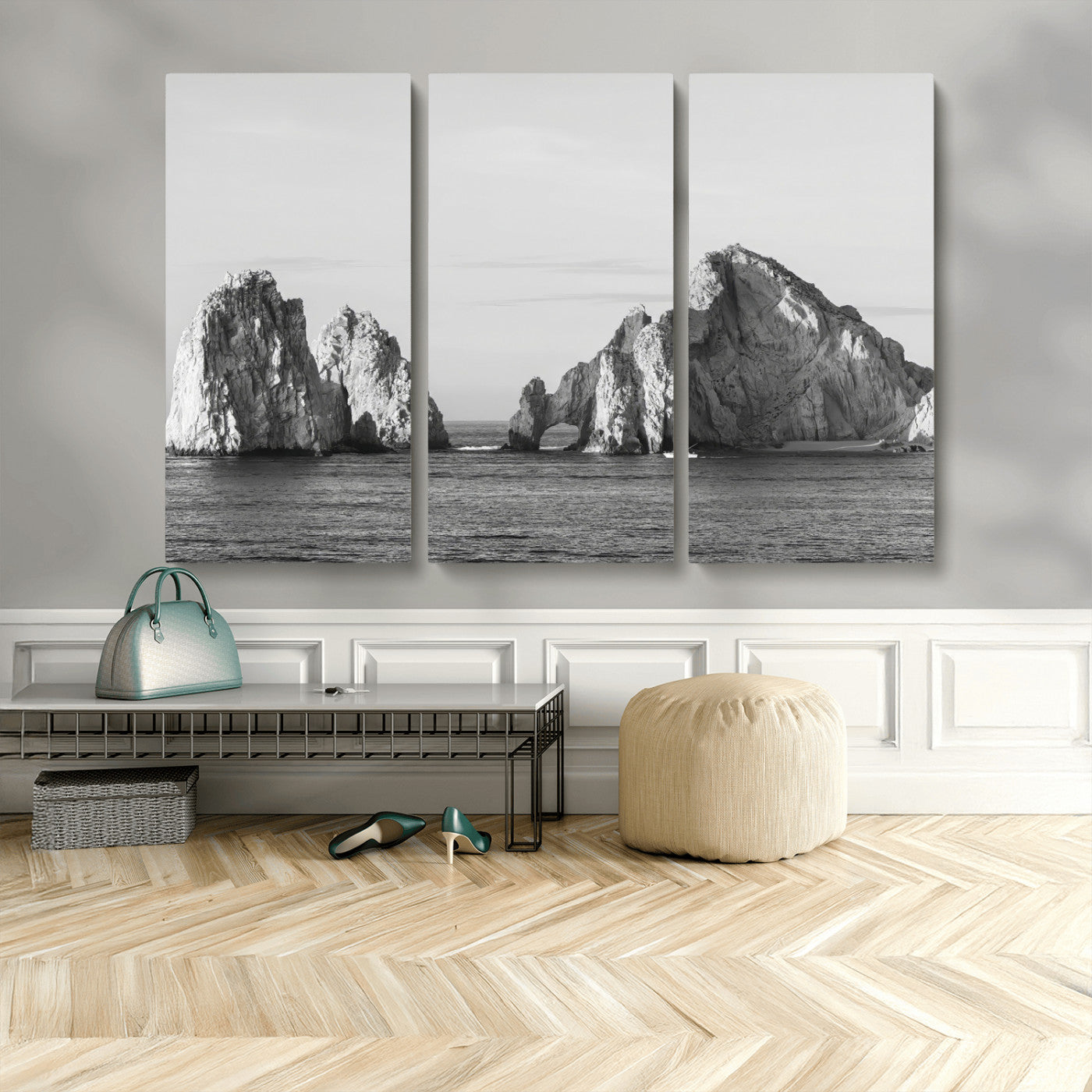 MGV-CV-48X32-3P - Rugged Coastline Wall Art Canvas Print, Framed Ocean Cliffs Art Picture Print, Monochrome Seascape Perfect Coastal Minimalist Decor Artwork