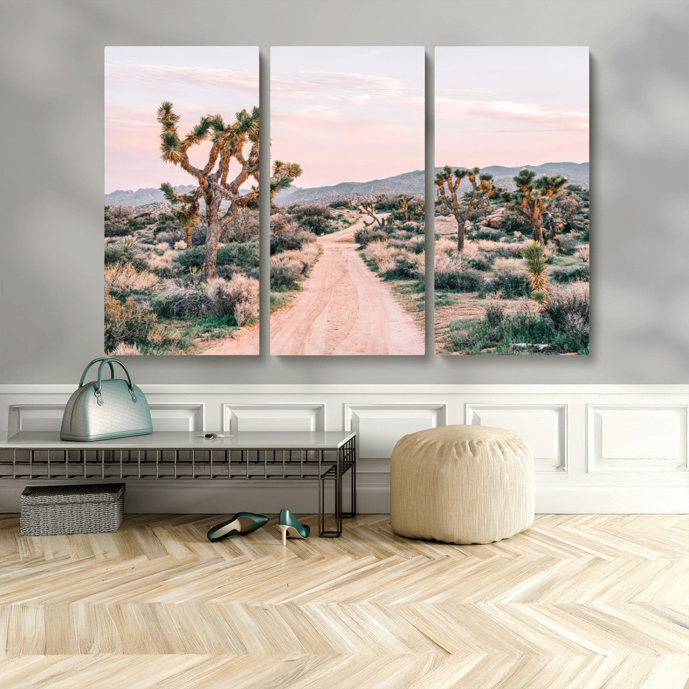 MGV-CV-48X32-3P - Desert Trail Wall Art – Canvas Print of Joshua Trees & Sunset Glow, Sandy Path Wilderness, Scenic Nature Escape Decor for Living Room, Office or Bedroom