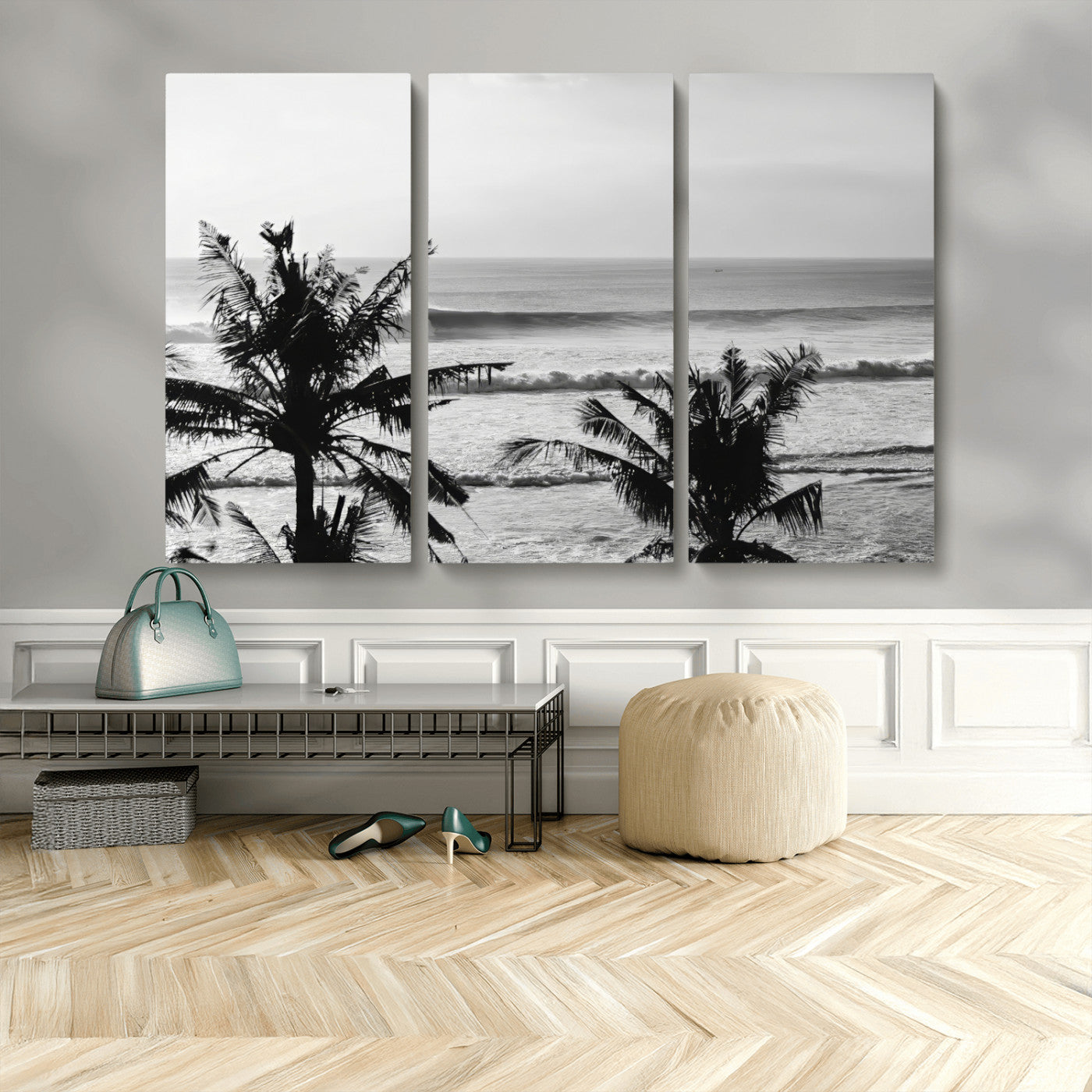 17508038-MGV-CV-36X24-Tropical Coastline Wall Art Canvas Print – Framed Palm Trees Scene with Ocean Waves Artwork for Home, Office