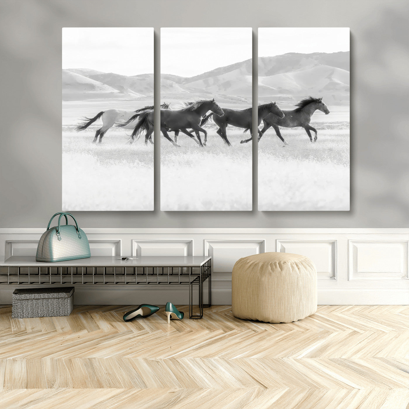 MGV-CV-48X32-3P - Wild Horses Wall Art – Black & White Canvas Print of Herd Running, Nature in Motion, Freedom & Beauty Decor for Guest Room, Office or Living Room