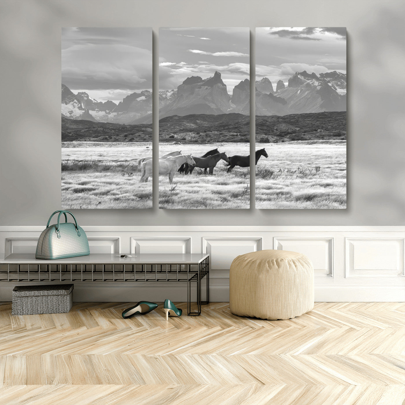 MGV-CV-48X32-3P - Wild Horses Wall Art Canvas Print, Framed Black White Mountains Art Picture Print, Rustic Countryside Perfect Rustic Western Decor Artwork