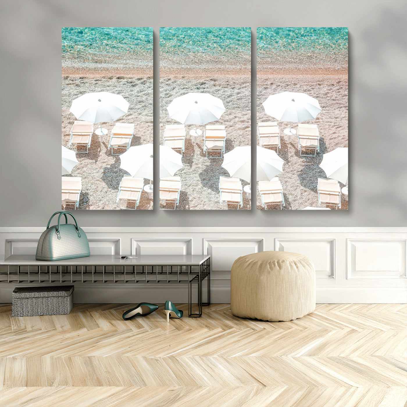 MGV-CV-48X32-3P - Calm Beach Wall Art Canvas Print, Framed Turquoise Water Art Picture Print, Umbrella Shoreline Perfect Coastal Minimalist Decor Artwork