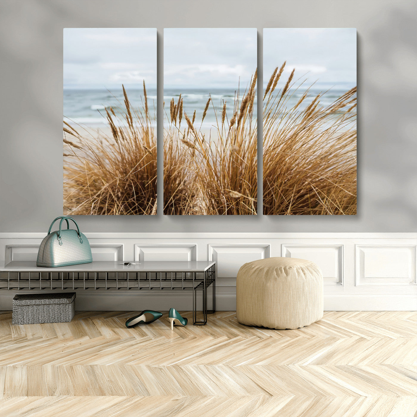 14270839-MGV-CV-48X32-3P-Beach Grass Wall Art – Framed Coastal Dunes Canvas Artwork, Minimal Seaside Design, Modern Coastal Decor for Home, Office