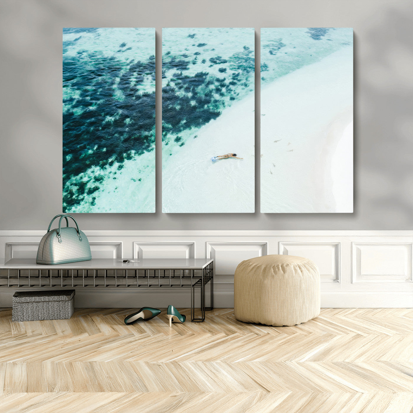 33764764-MGV-CV-48X32-3P-Minimal Beach Wall Art – Framed Ocean Swimming Canvas Artwork, Clear Blue Sea Design, Modern Coastal Decor for Home, Office